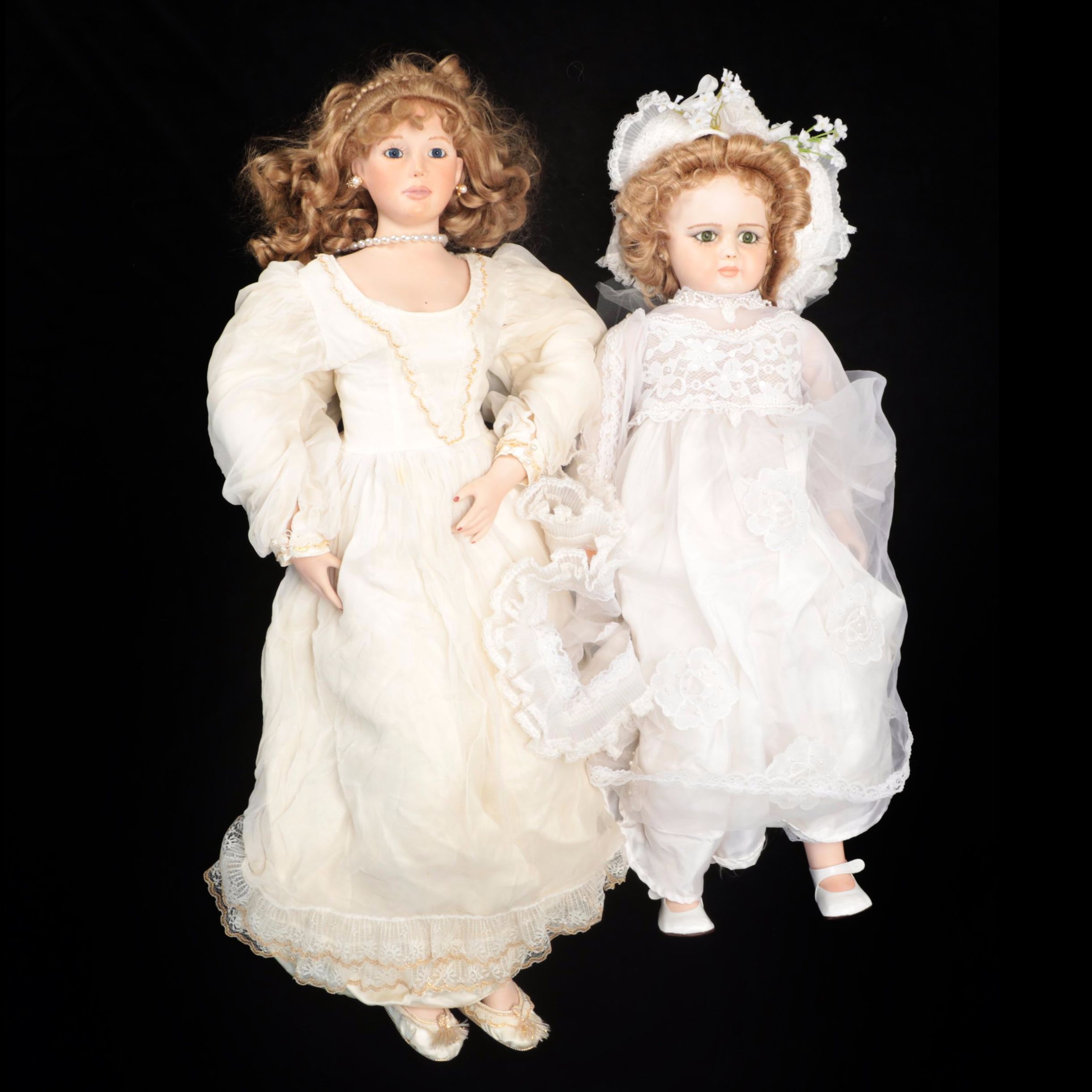 Bisque and Cloth Body Dolls in White Lace Ornamented Dresses EBTH