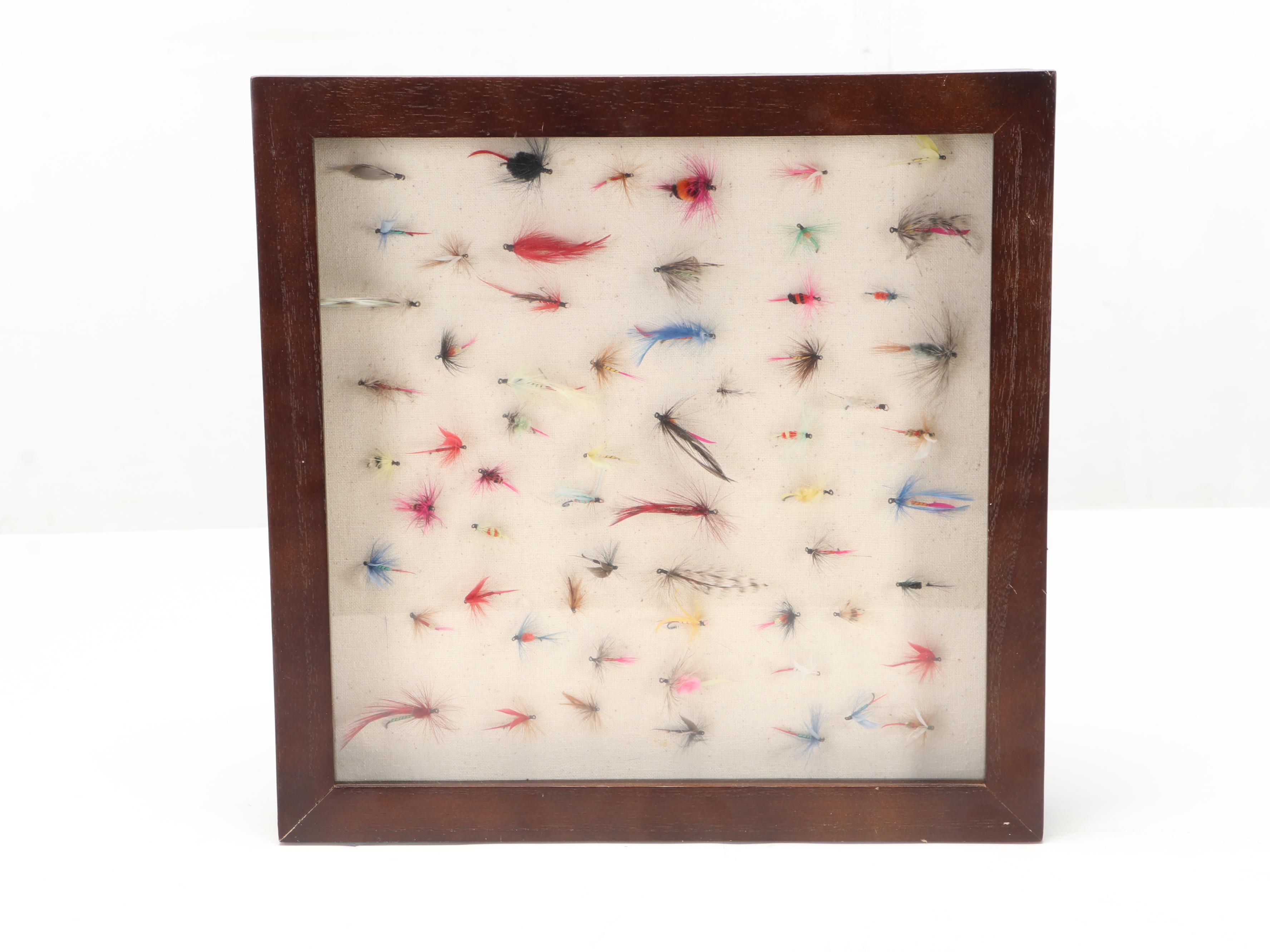 Fly Fishing Lures in Shadowbox Frame With Fishing Rods EBTH