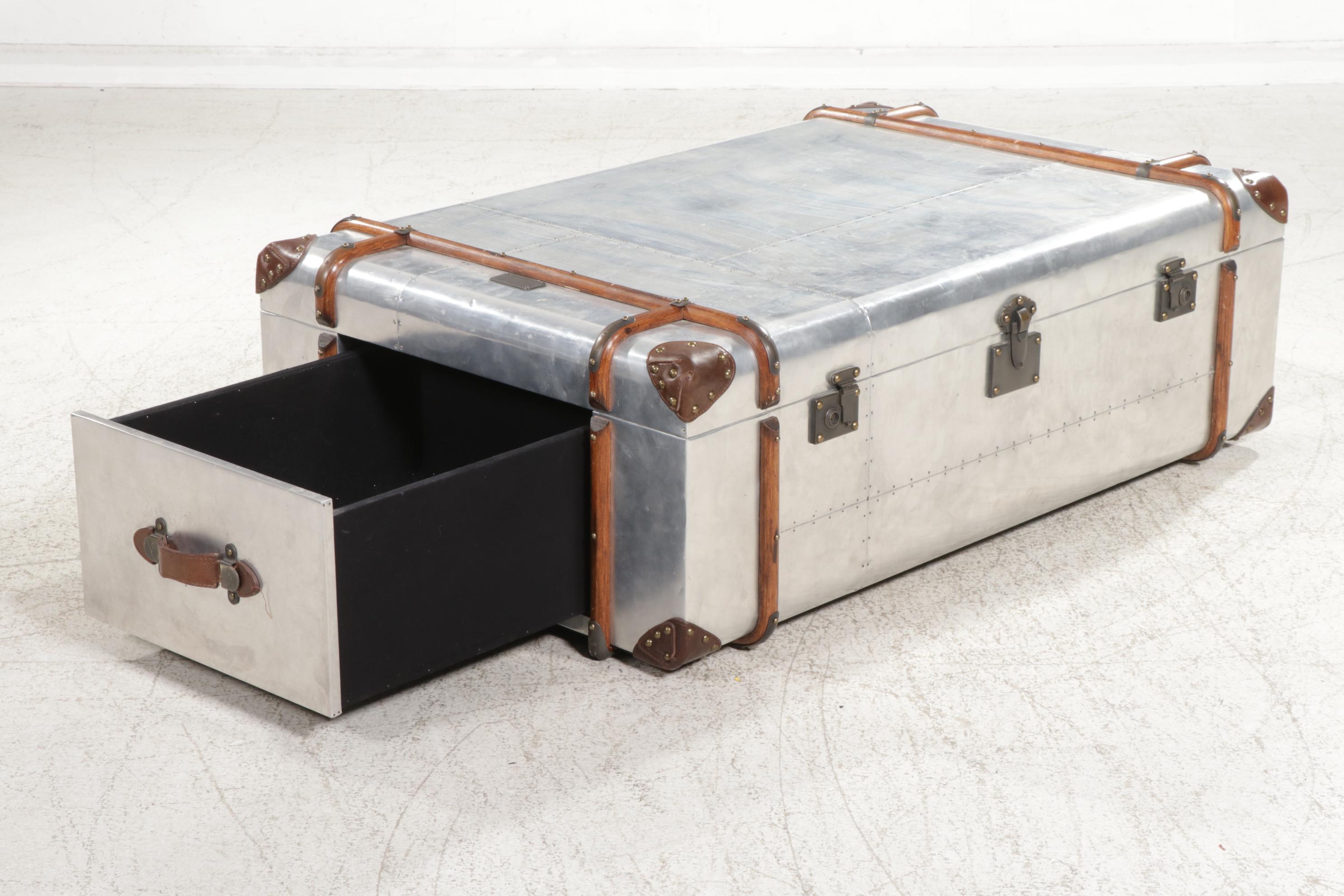 RH "Richards' Trunk" Wood and LeatherMounted Aluminum Coffee Table