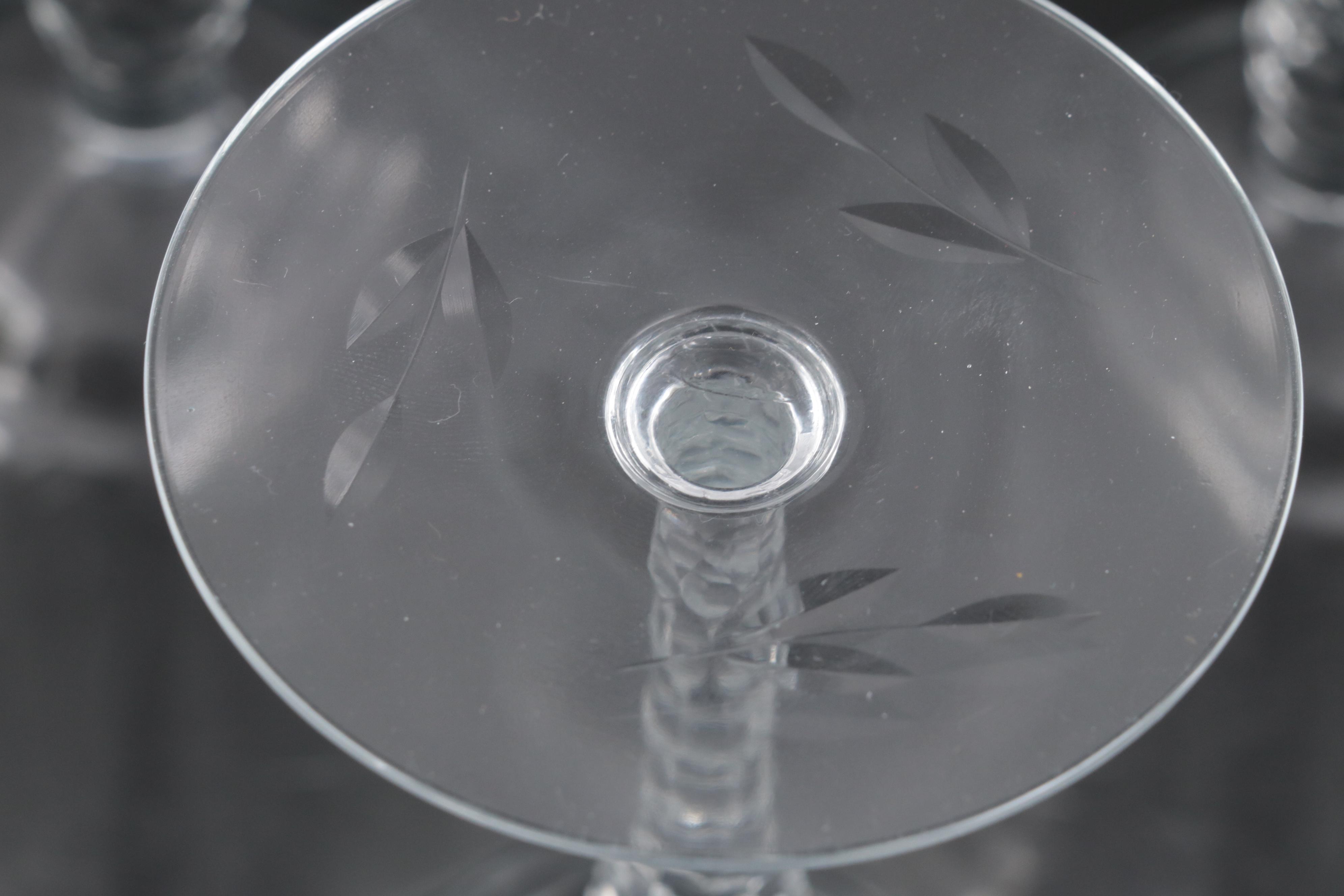 Art Deco Style WheelCut Glass Dessert Plates and Wine Glasses, Mid