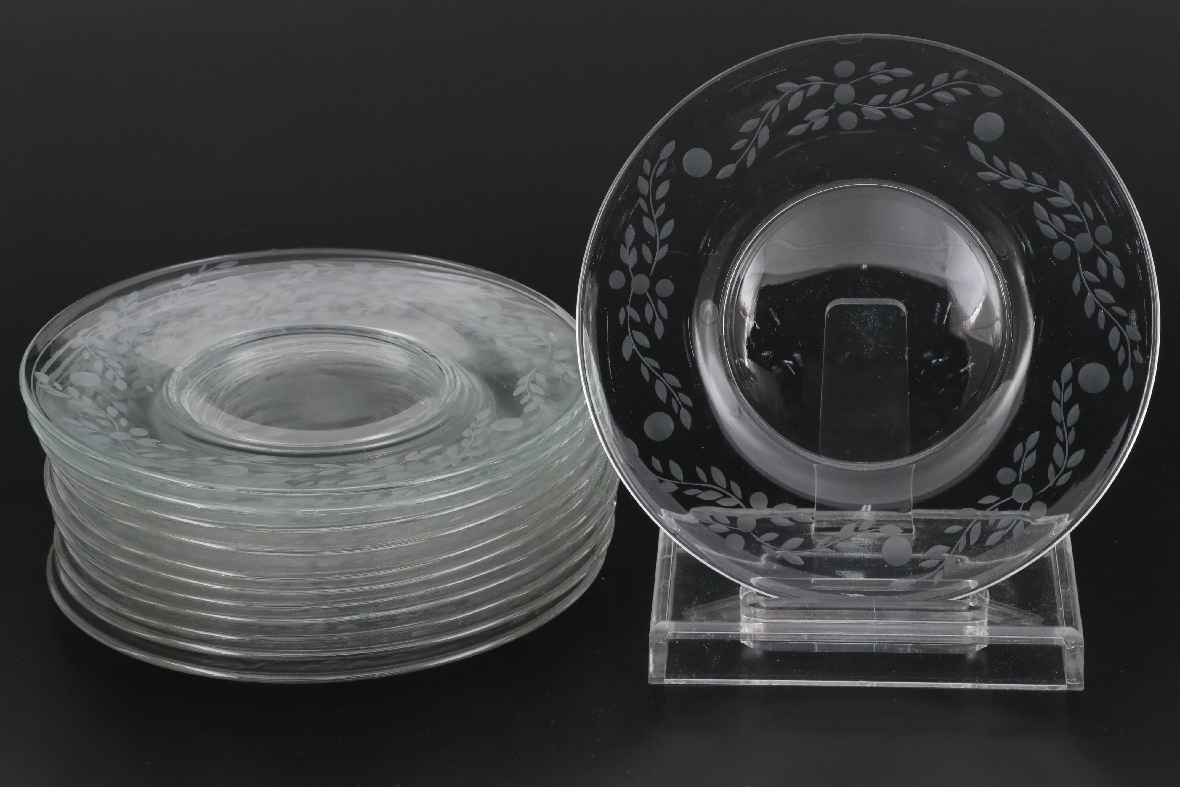 Art Deco Style WheelCut Glass Dessert Plates and Wine Glasses, Mid