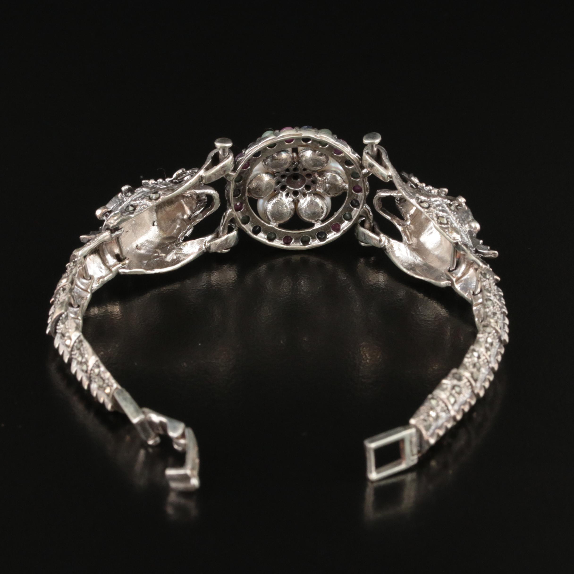 Sterling Pearl, Ruby and Sapphire Double Dragon Bracelet EBTH