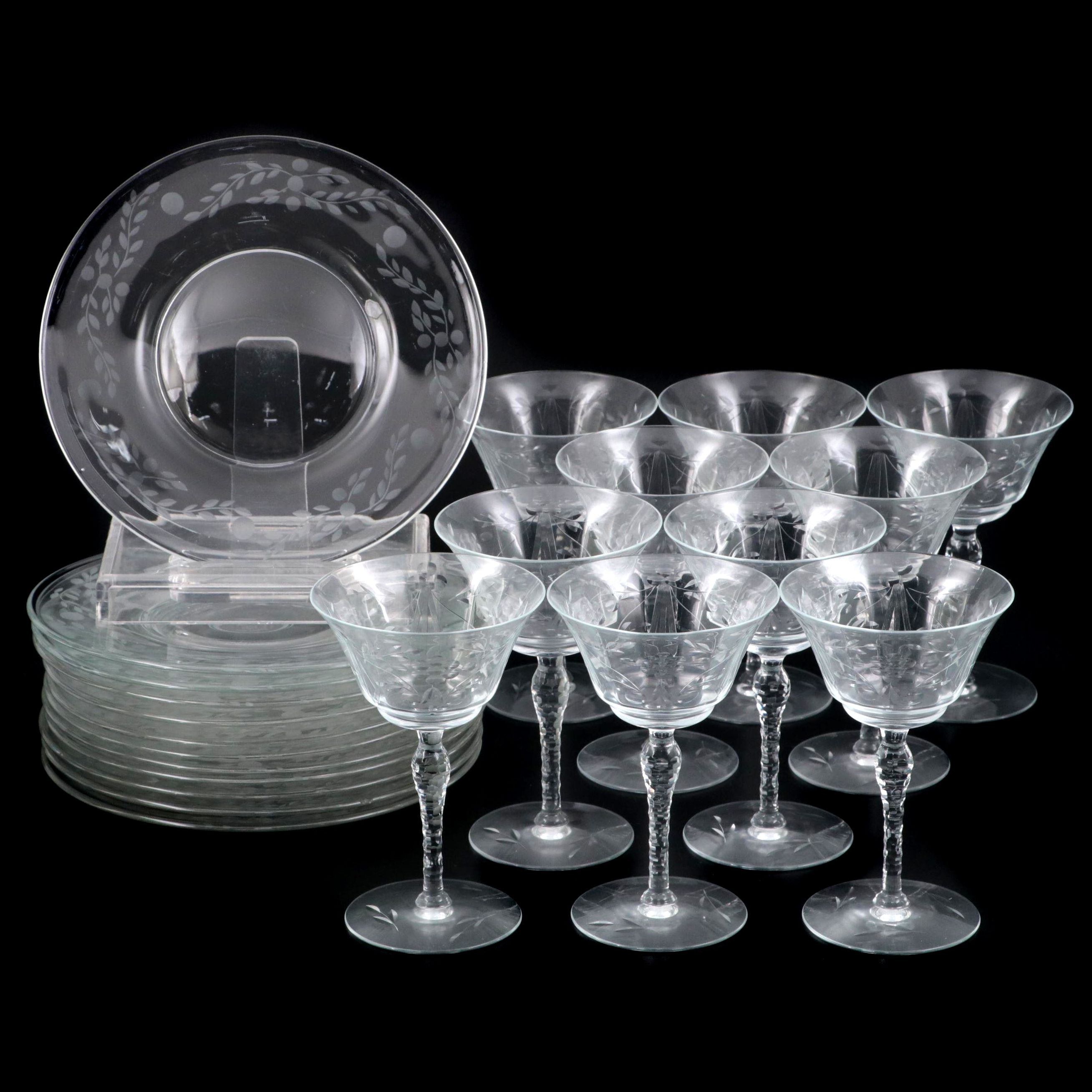 Art Deco Style WheelCut Glass Dessert Plates and Wine Glasses, Mid