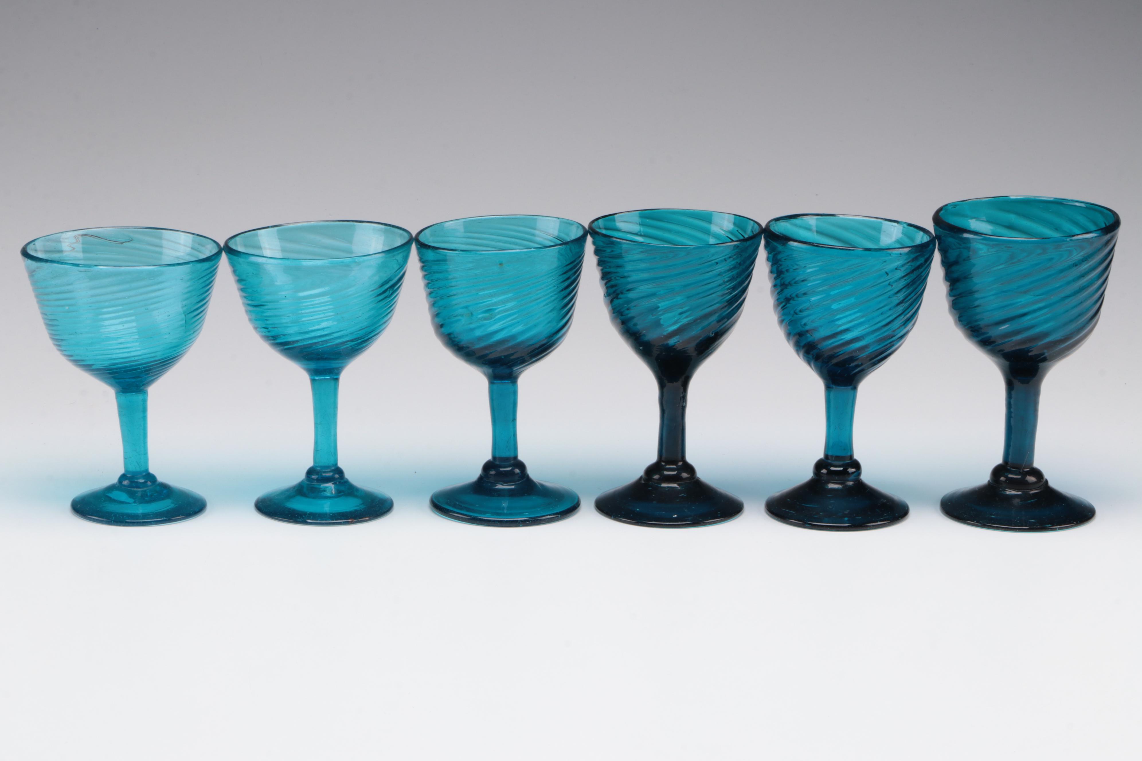 Blue Swirled Blown Glass Drinkware and Other Décor, Mid to Late 20th C. EBTH