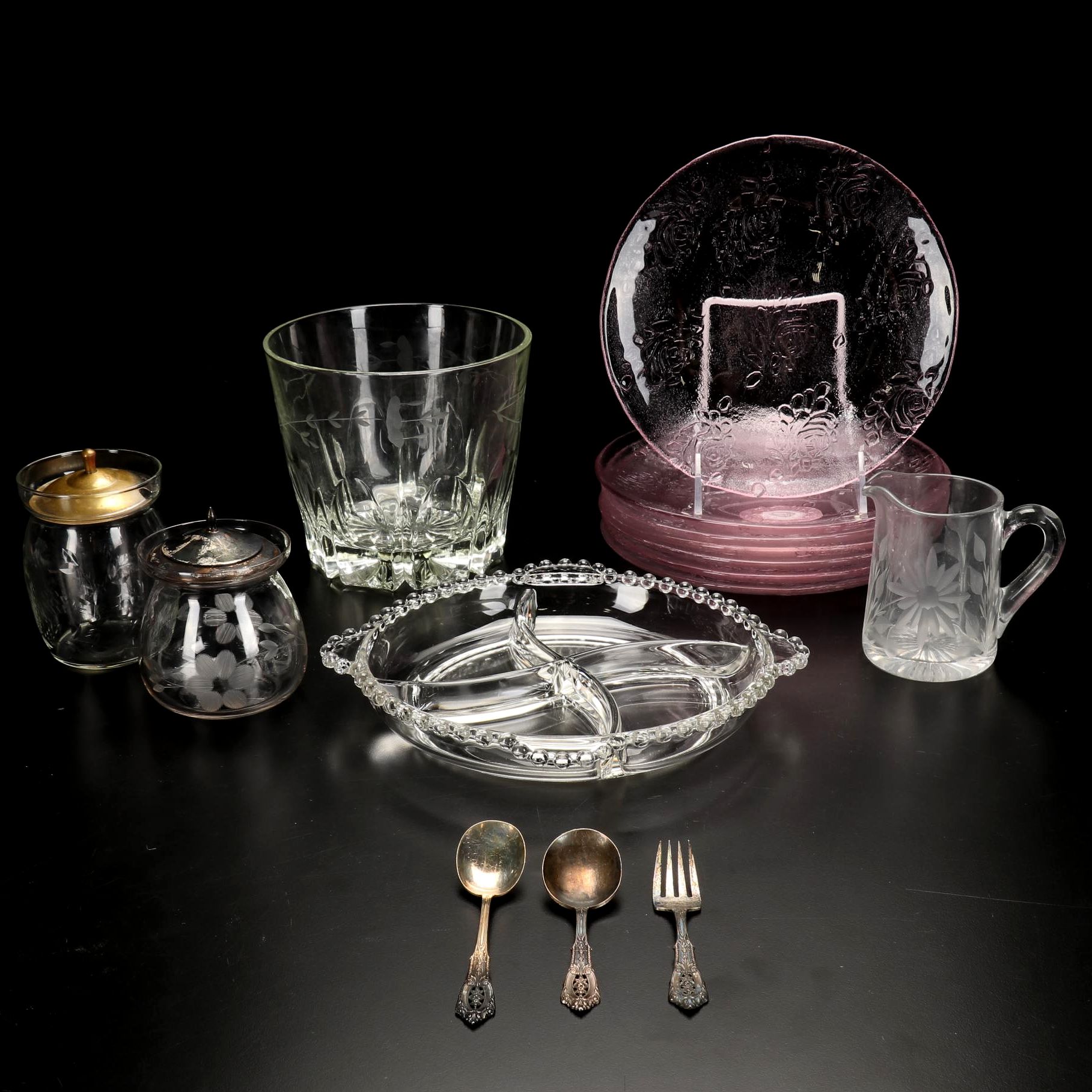 Etched Ice Bucket, Creamer, Sterling & Glass Jam Jars, Luncheon Plates