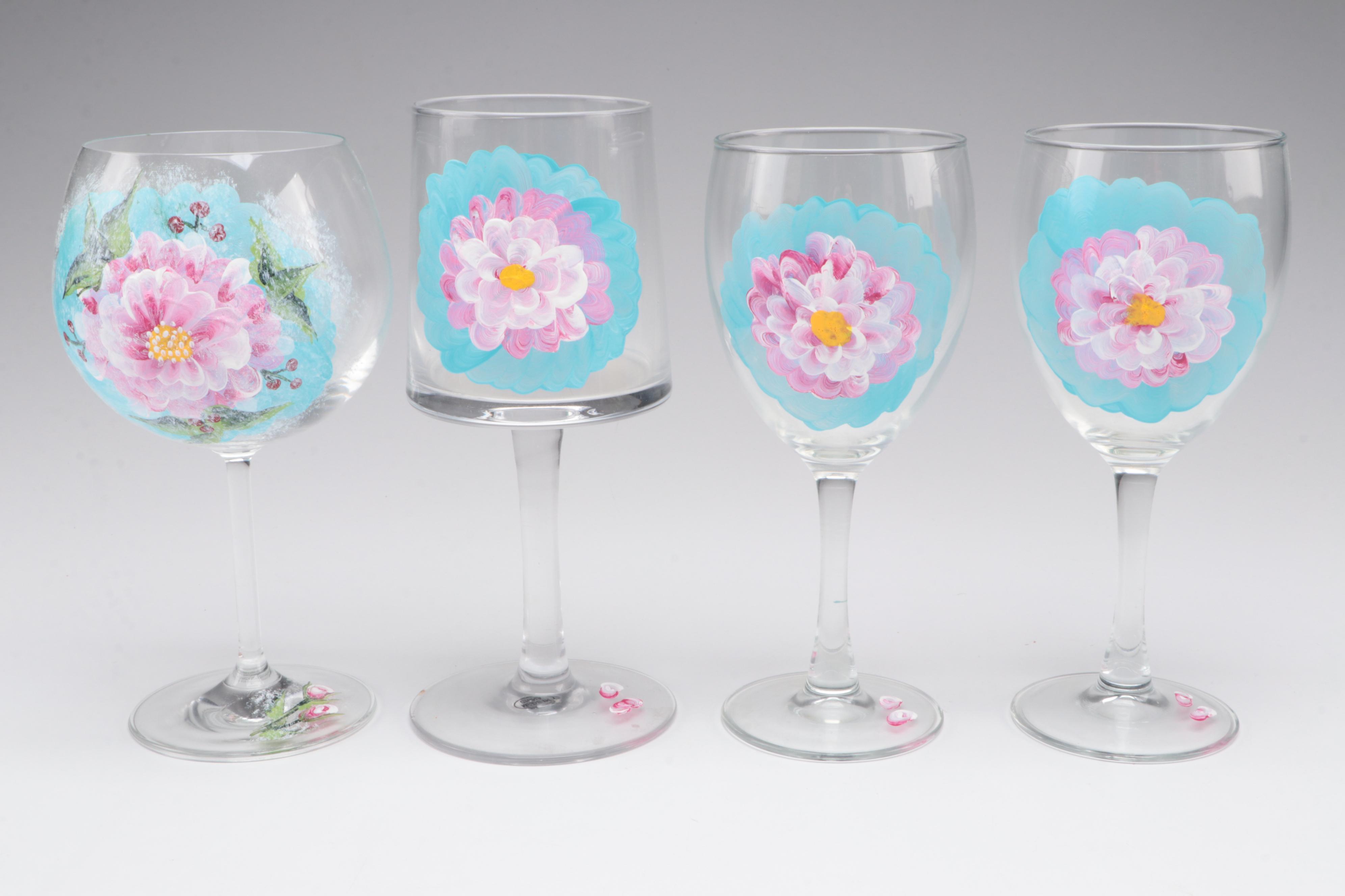 HandPainted Floral and Grape Motif Glass Stemware Assortment EBTH