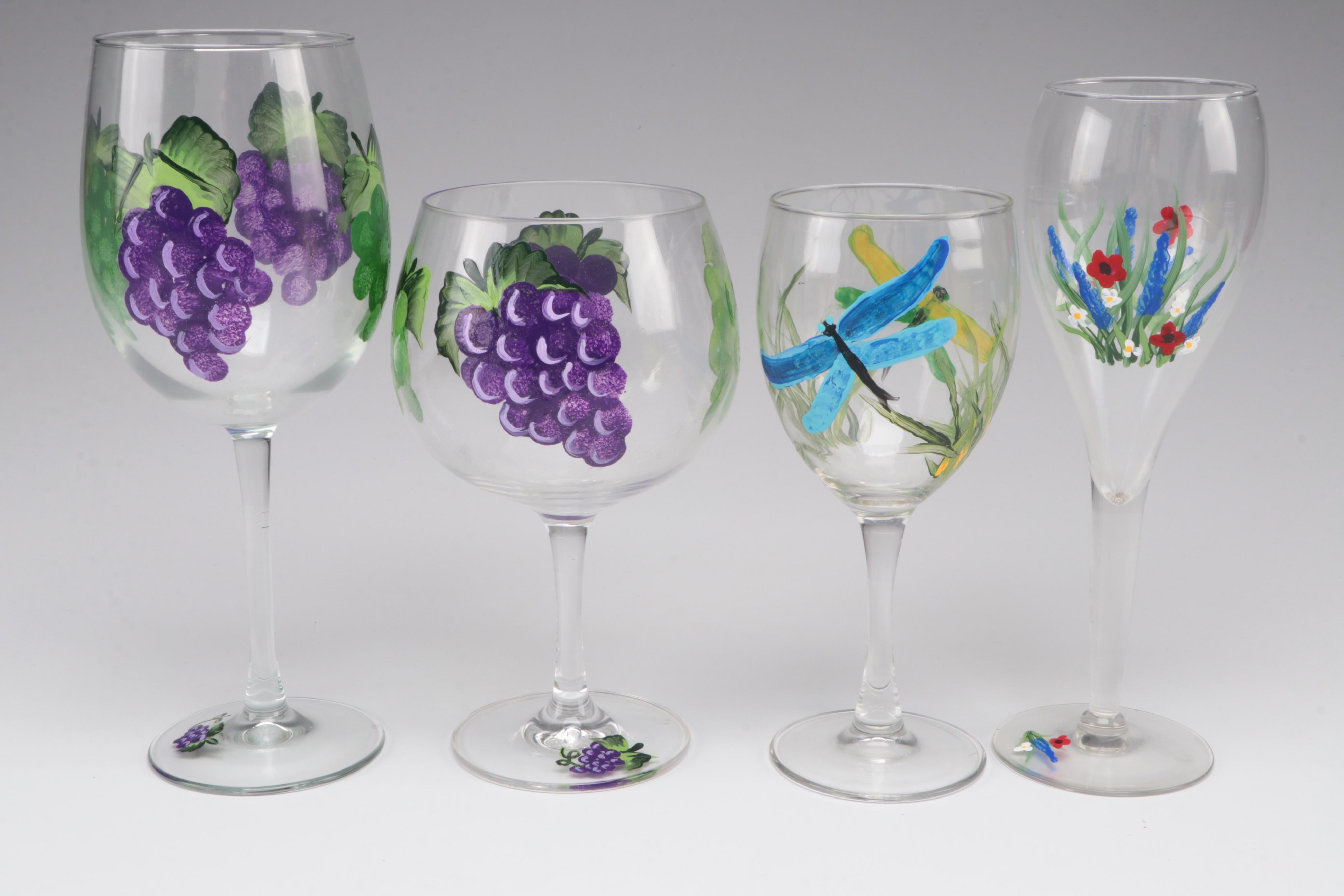 HandPainted Floral and Grape Motif Glass Stemware Assortment EBTH