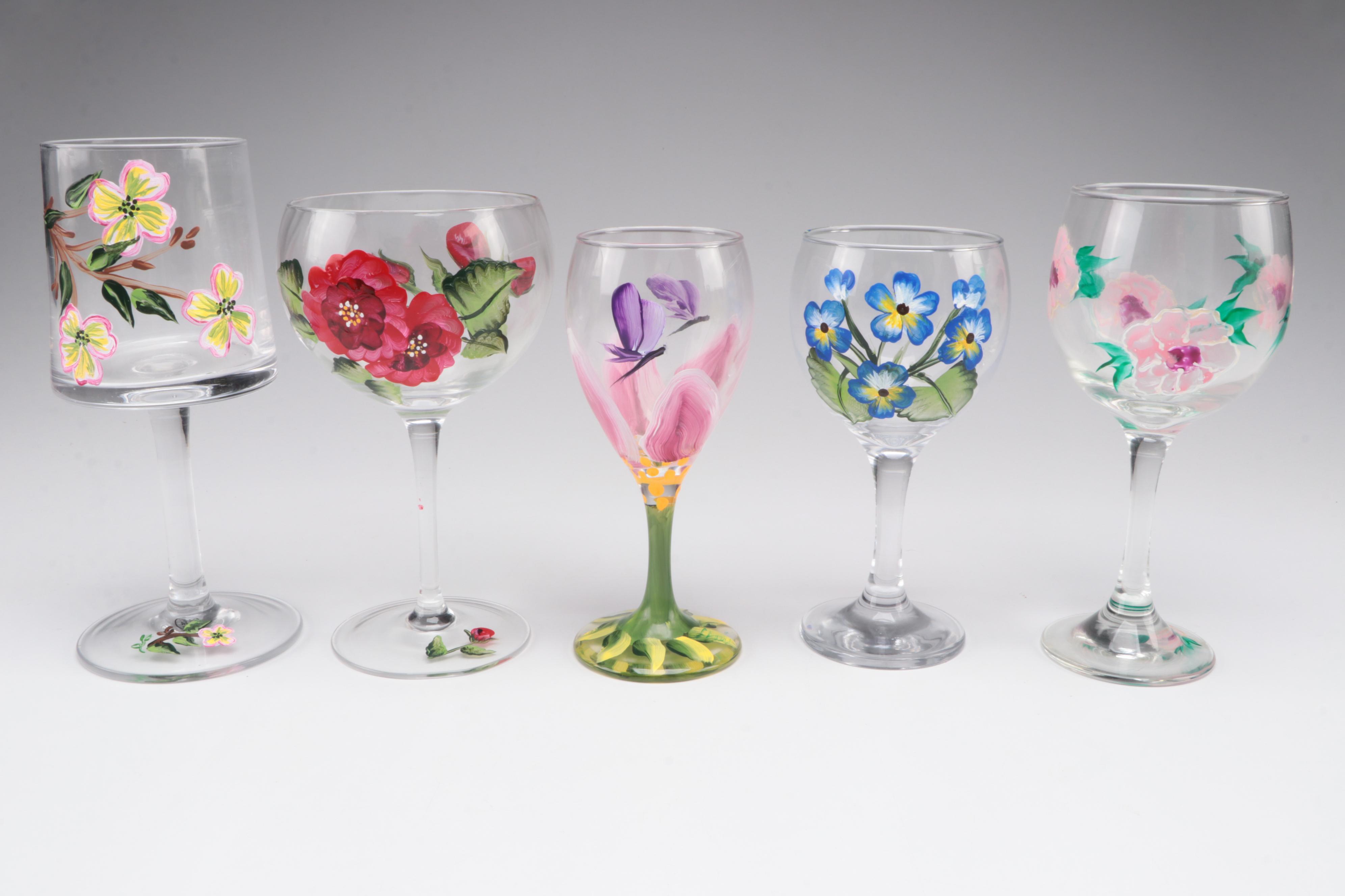HandPainted Floral and Grape Motif Glass Stemware Assortment EBTH