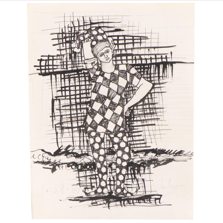 Harry Hilson Figural Ink Drawing of a Jester, 1966