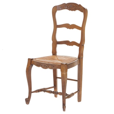 French Provincial Maple Rush-Seat Ladderback Dining Chair, Early 20th Century