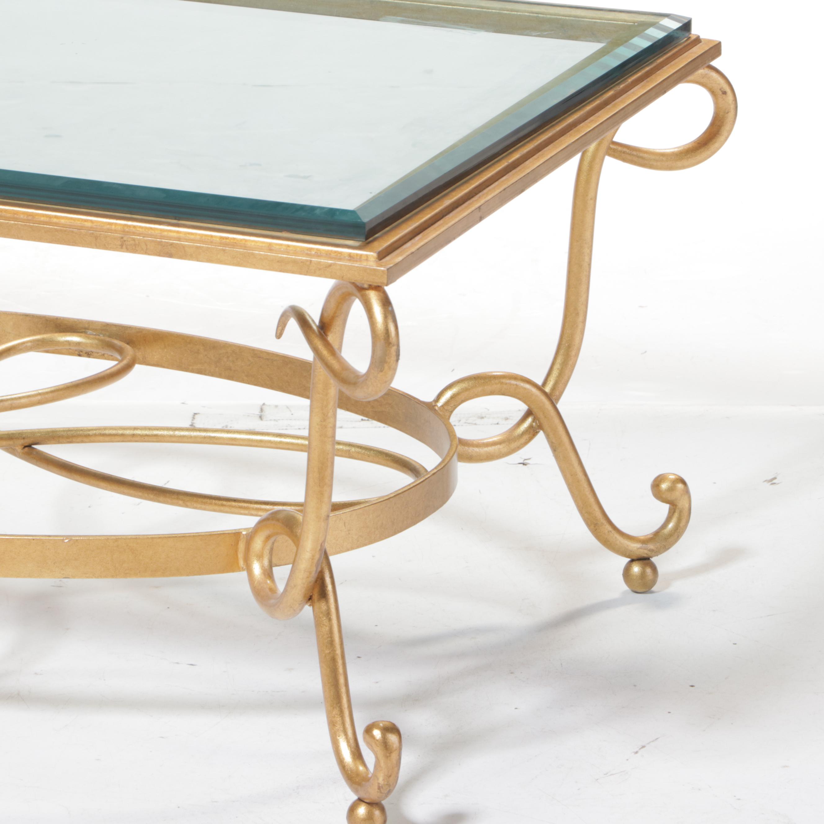 GoldPainted Wrought and Cast Iron GlassTop Coffee Table, Style of