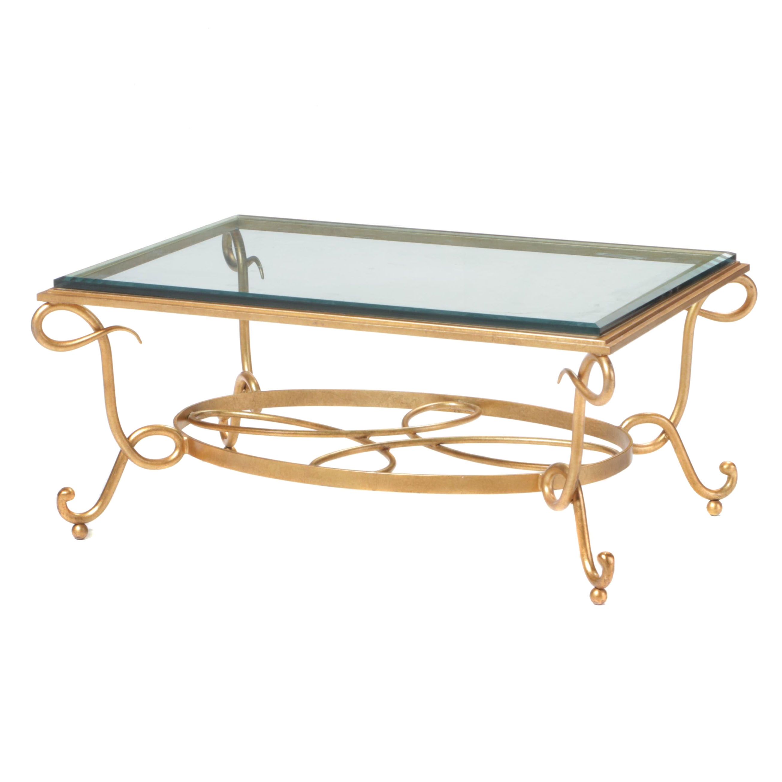 GoldPainted Wrought and Cast Iron GlassTop Coffee Table, Style of