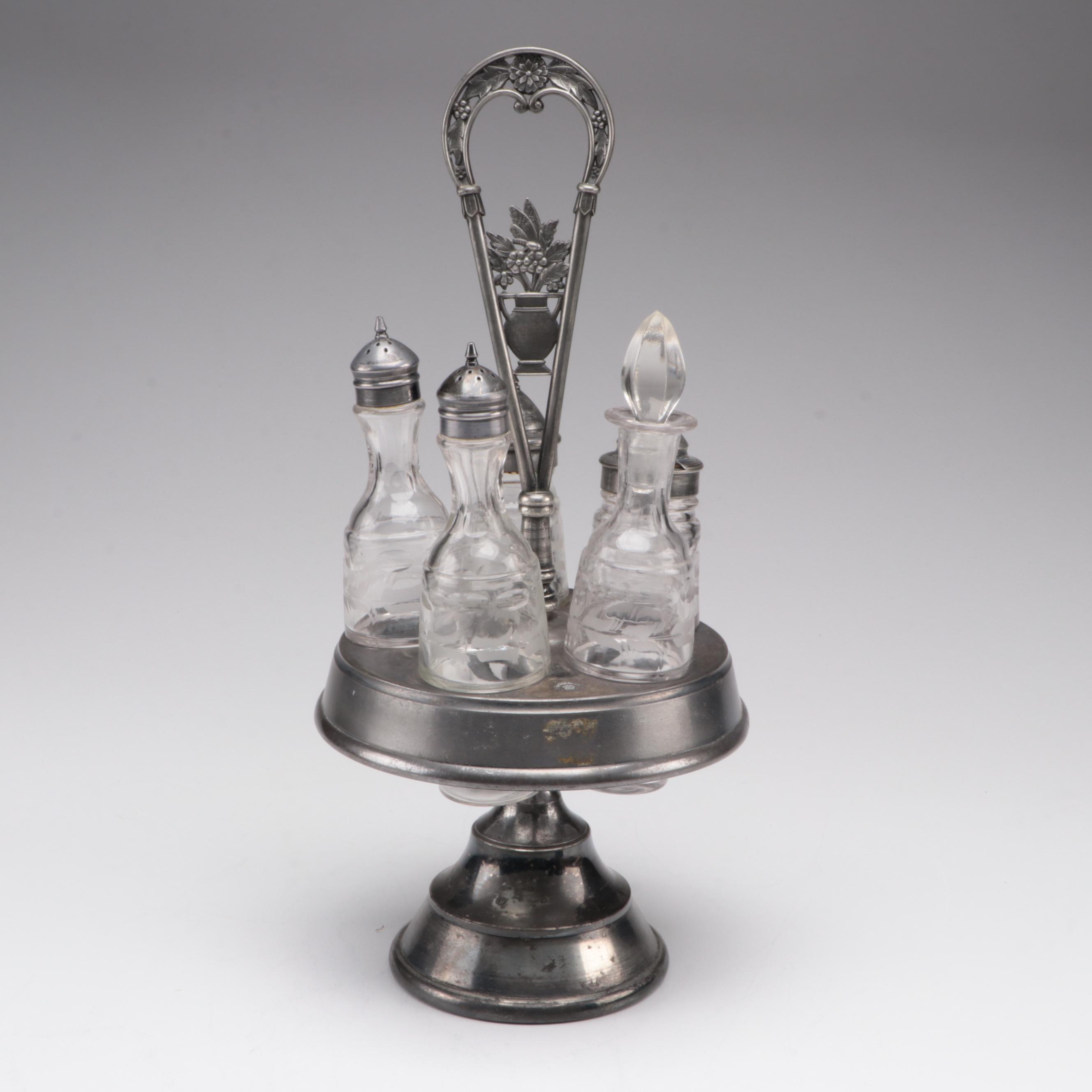 FB Rogers Victorian Silver Plate Condiment Caddy with Glass Cruets EBTH