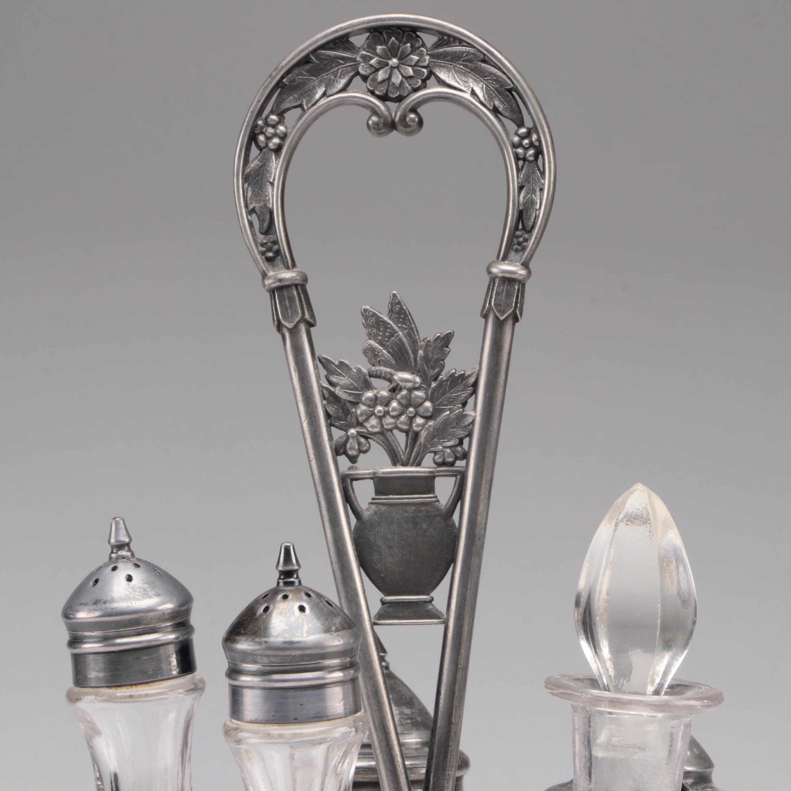 FB Rogers Victorian Silver Plate Condiment Caddy with Glass Cruets EBTH