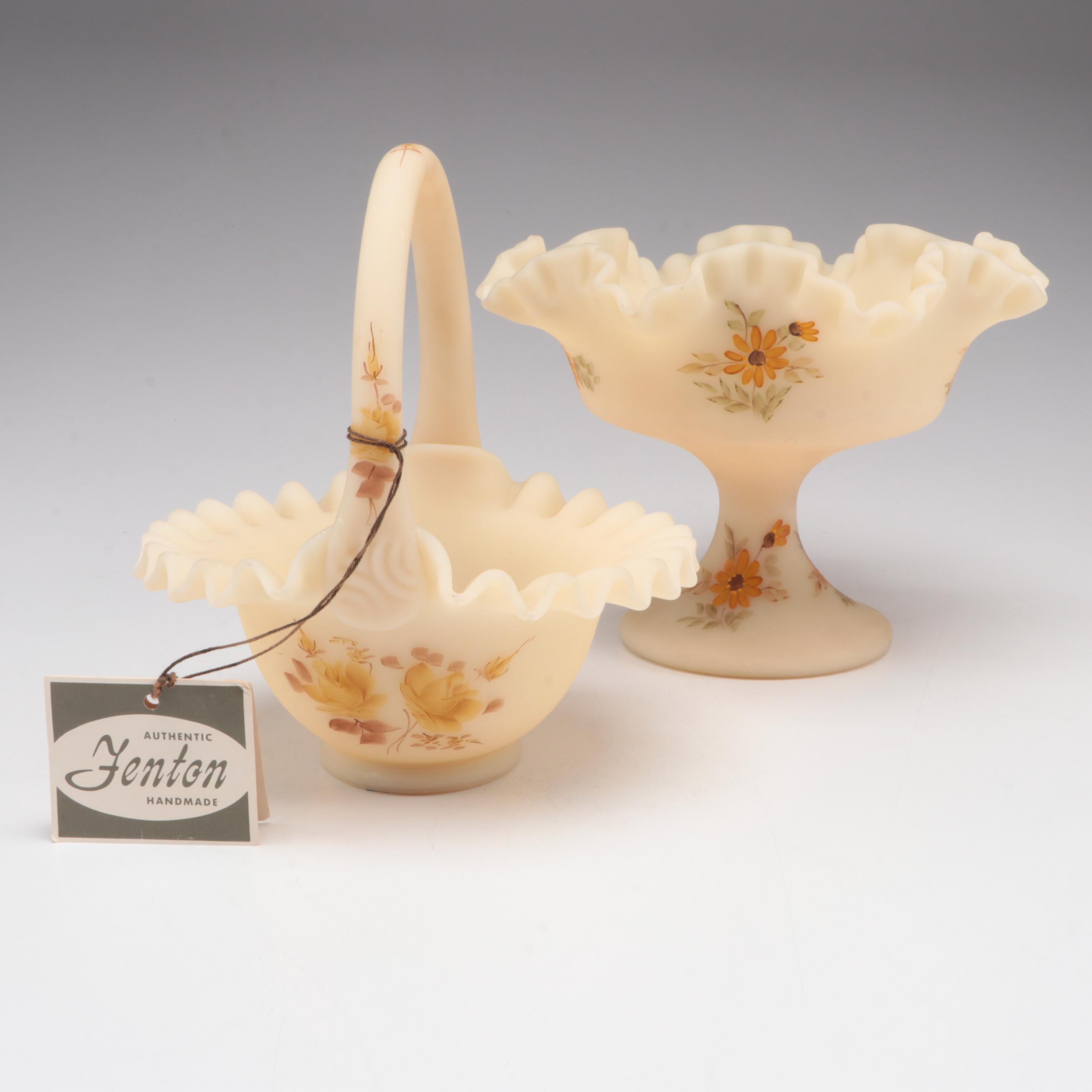 Fenton HandPainted Custard Glass Bowl and Compote EBTH
