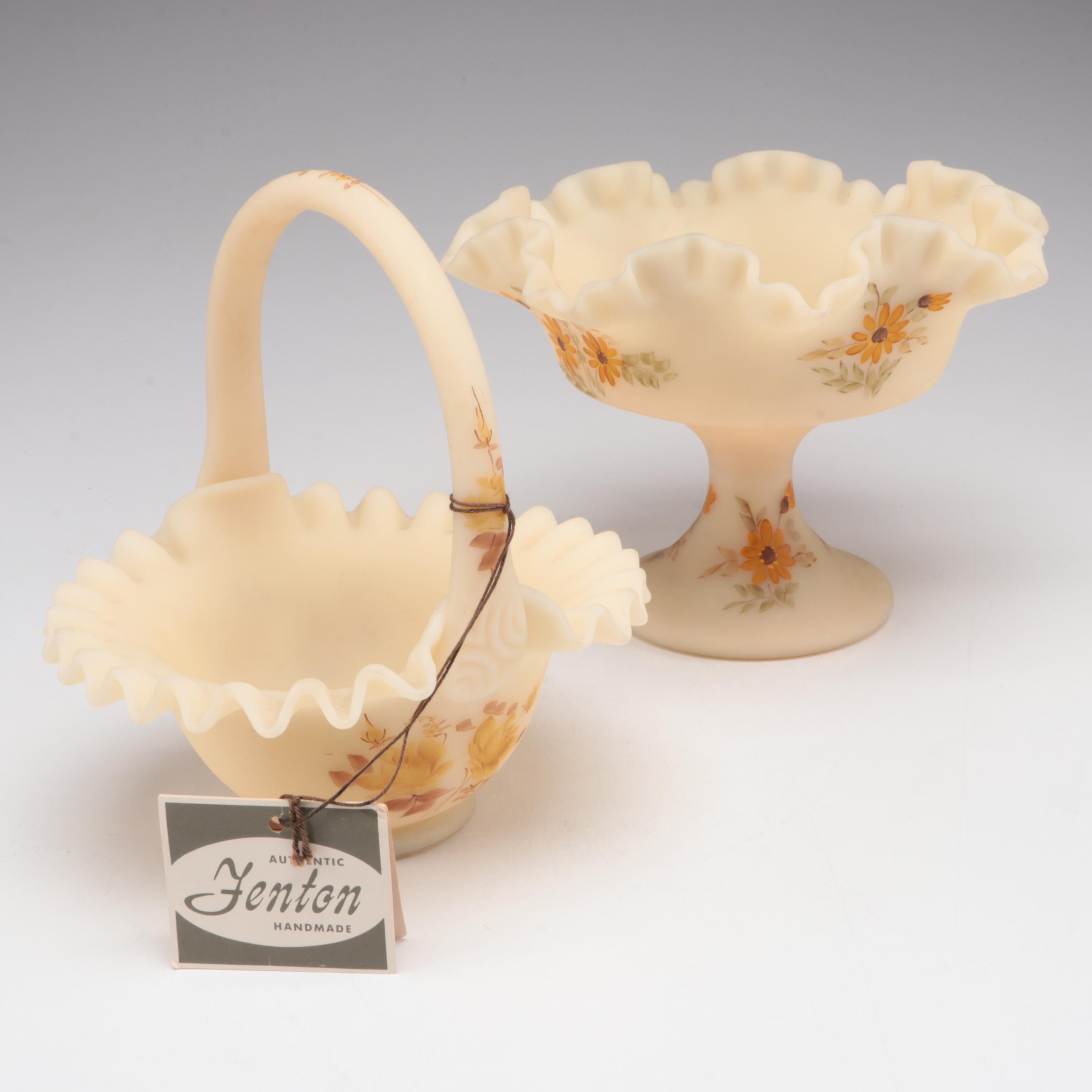 Fenton HandPainted Custard Glass Bowl and Compote EBTH