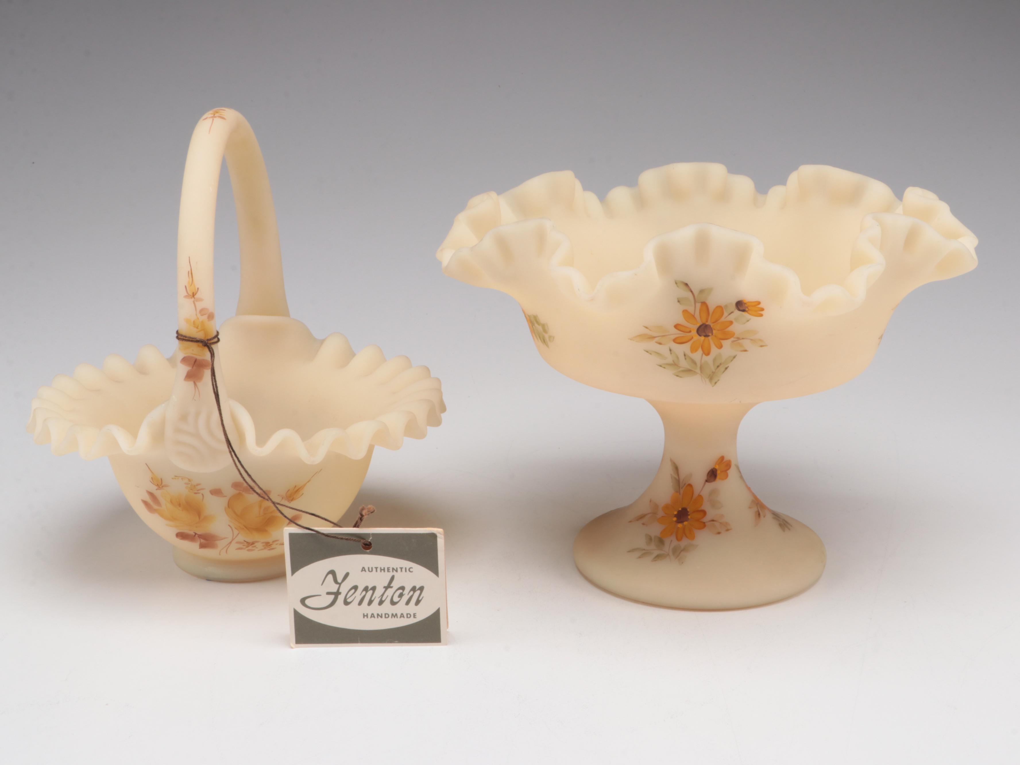 Fenton HandPainted Custard Glass Bowl and Compote EBTH