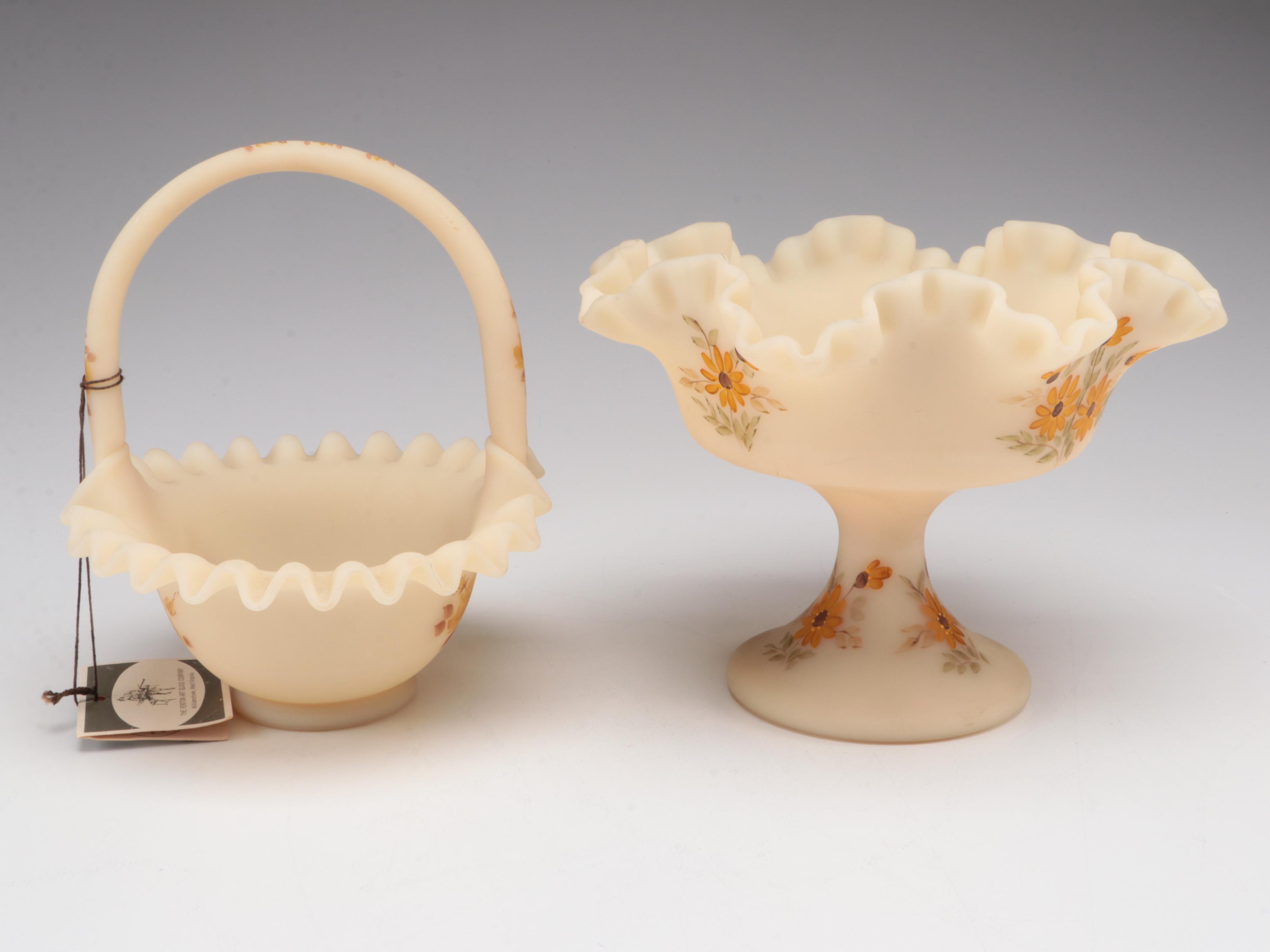 Fenton HandPainted Custard Glass Bowl and Compote EBTH