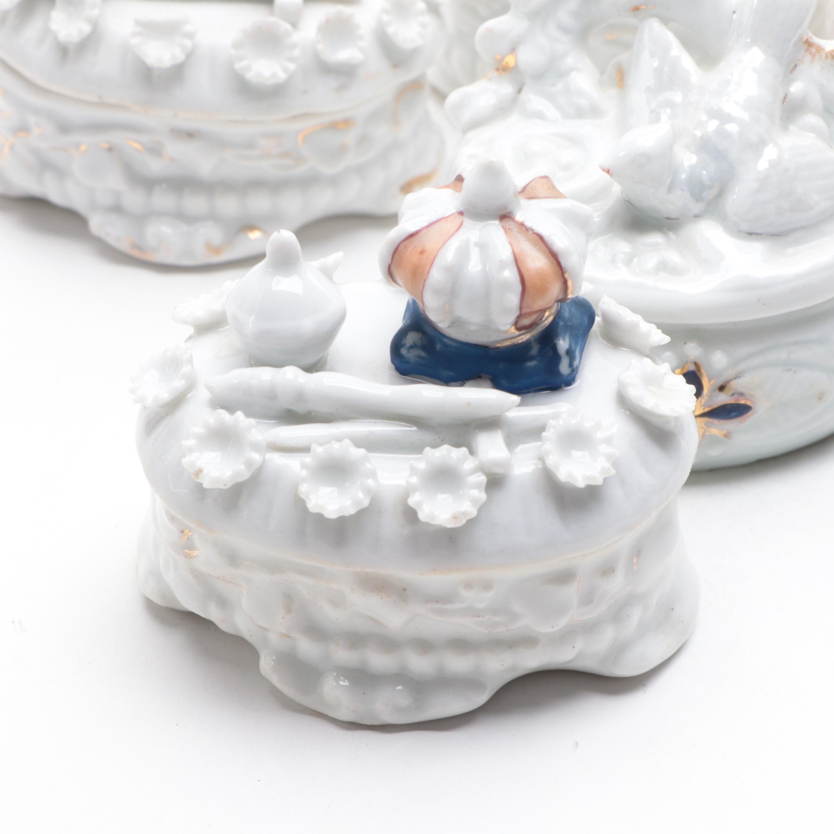 Victorian Porcelain Fairing Boxes and Figurine, Mid to Late 19th