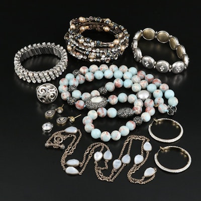 Sterling Grouping Including Mother-of-Pearl, Rhinestone and Faux Pearl