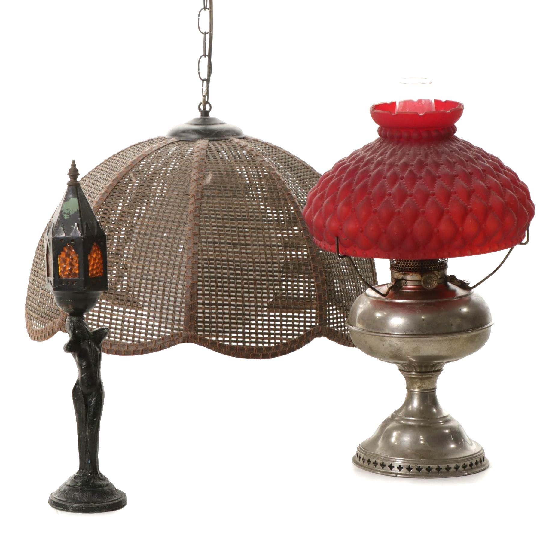 B&H Oil Lamp with Red Diamond Quilt Globe, Rattan Pendant, Figural Art