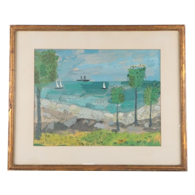 Frank Vavruska Stylized Coastal Landscape Gouache Painting