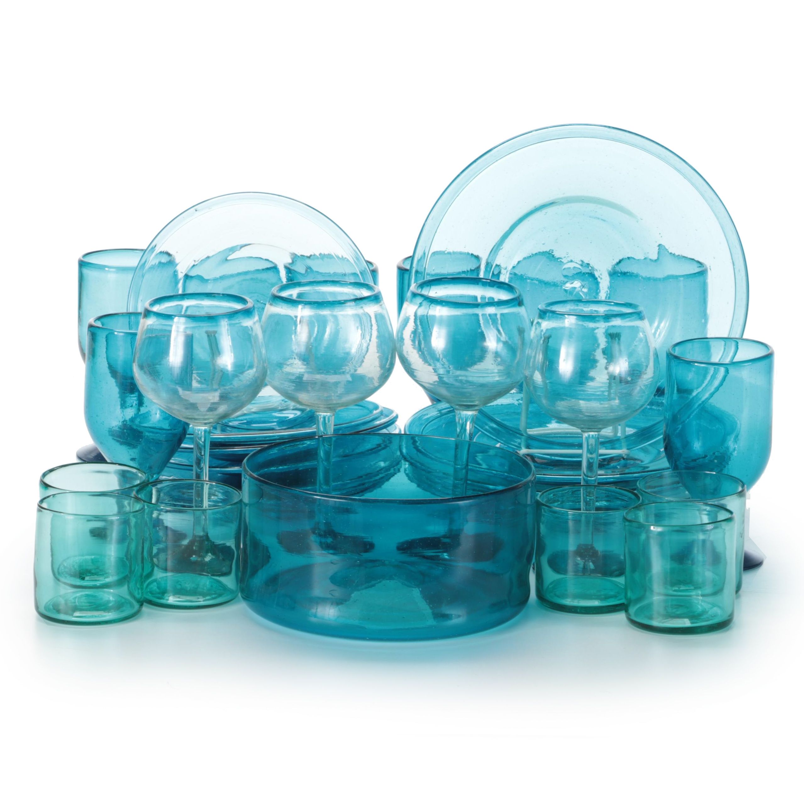 Blown Seeded Glass Dinnerware in Varied Blue EBTH