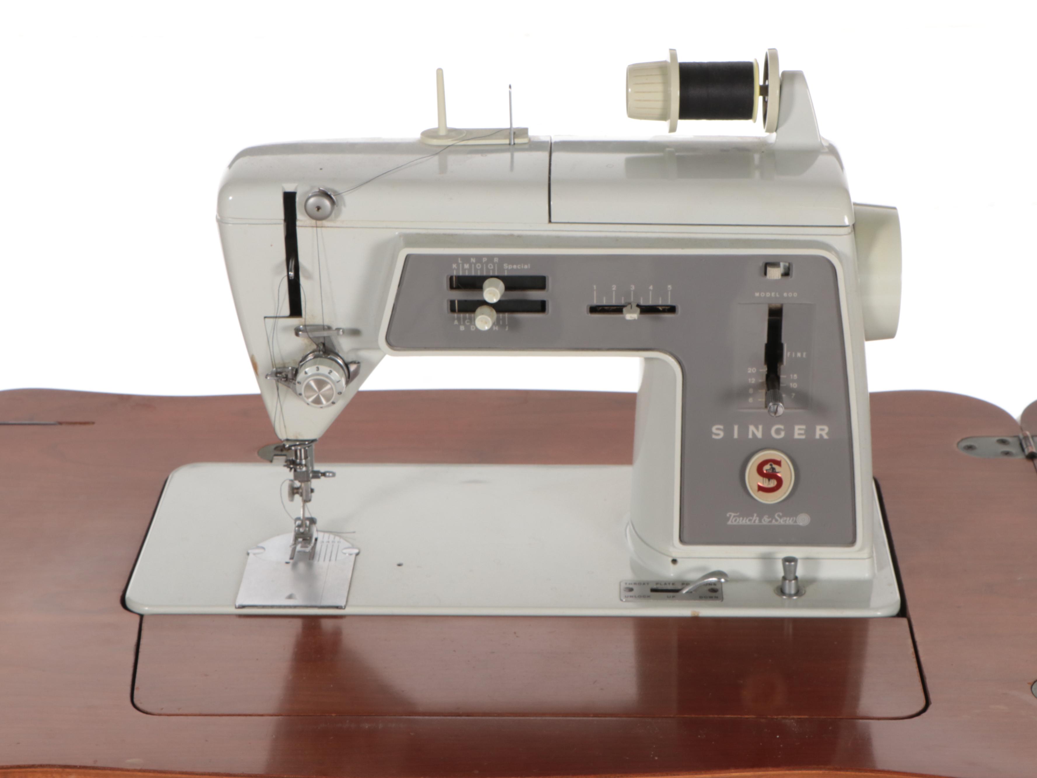 Singer "Touch & Sew" Model 600 Sewing Machine, Walnut Finish Table, Mid