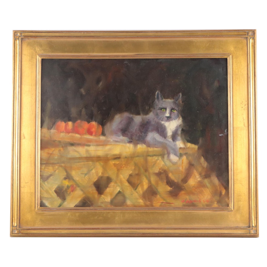 G. Jones Oil Painting of Cat and Fruit, 2000