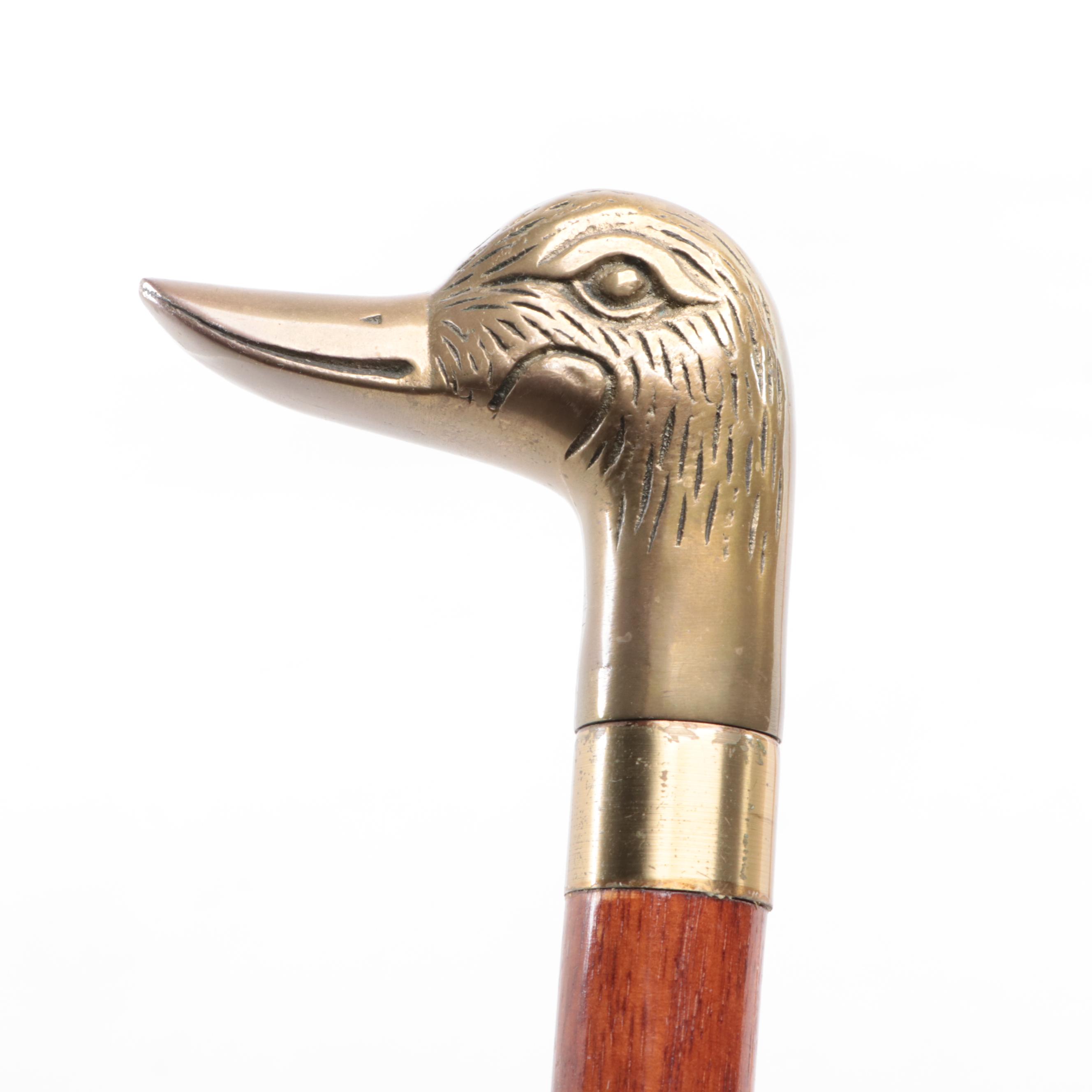 Brass Duck Head Cane and Gnarled Wood Walking Stick, Late 20th Century