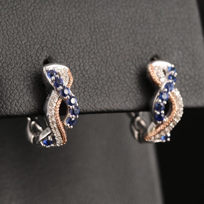 Sterling Sapphire and White Sapphire Huggie Earrings with 10K Rose Gold Accents