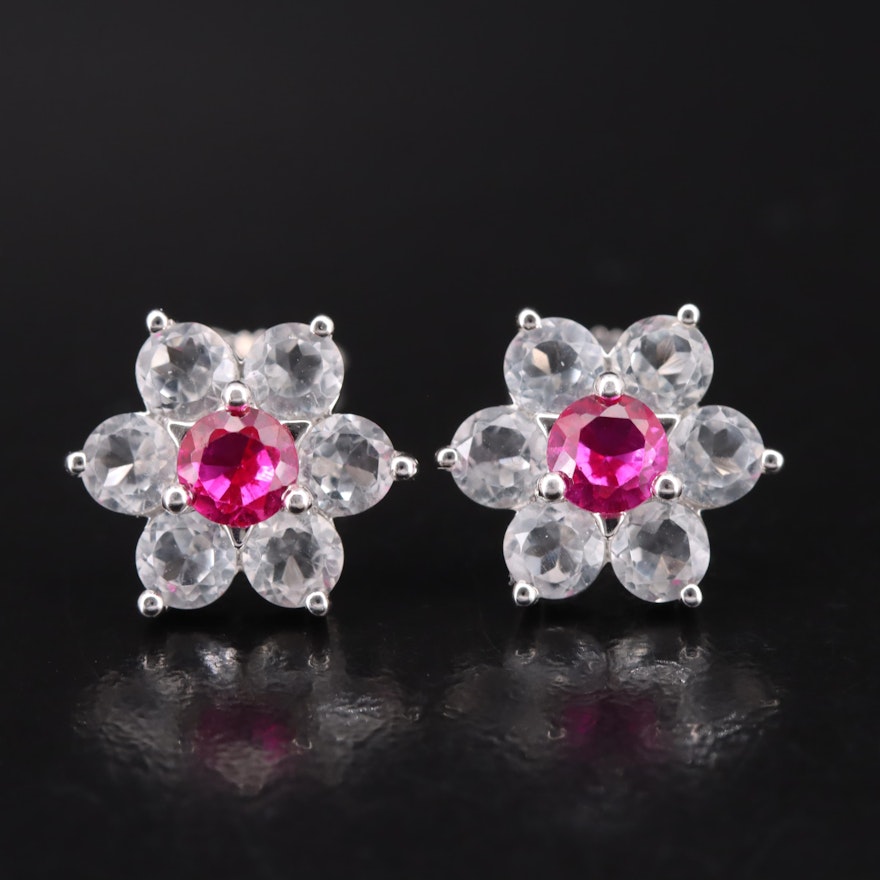 Sterling Ruby and White Sapphire Flower Stud Earrings
