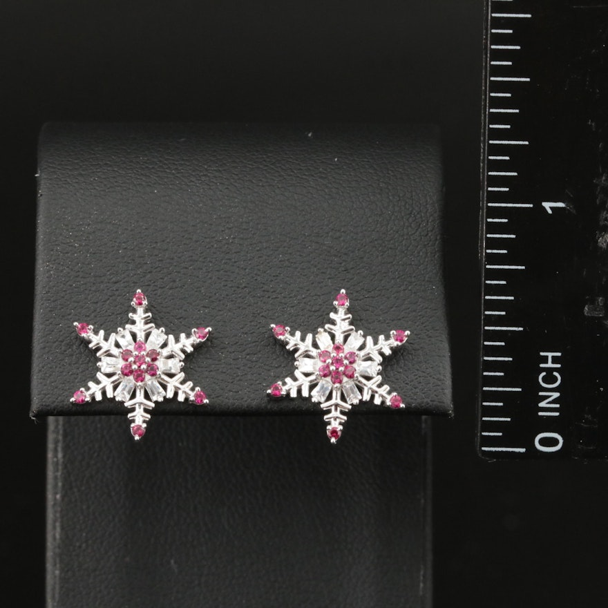 Sterling Ruby and Cubic Zirconia Snowflake Earrings