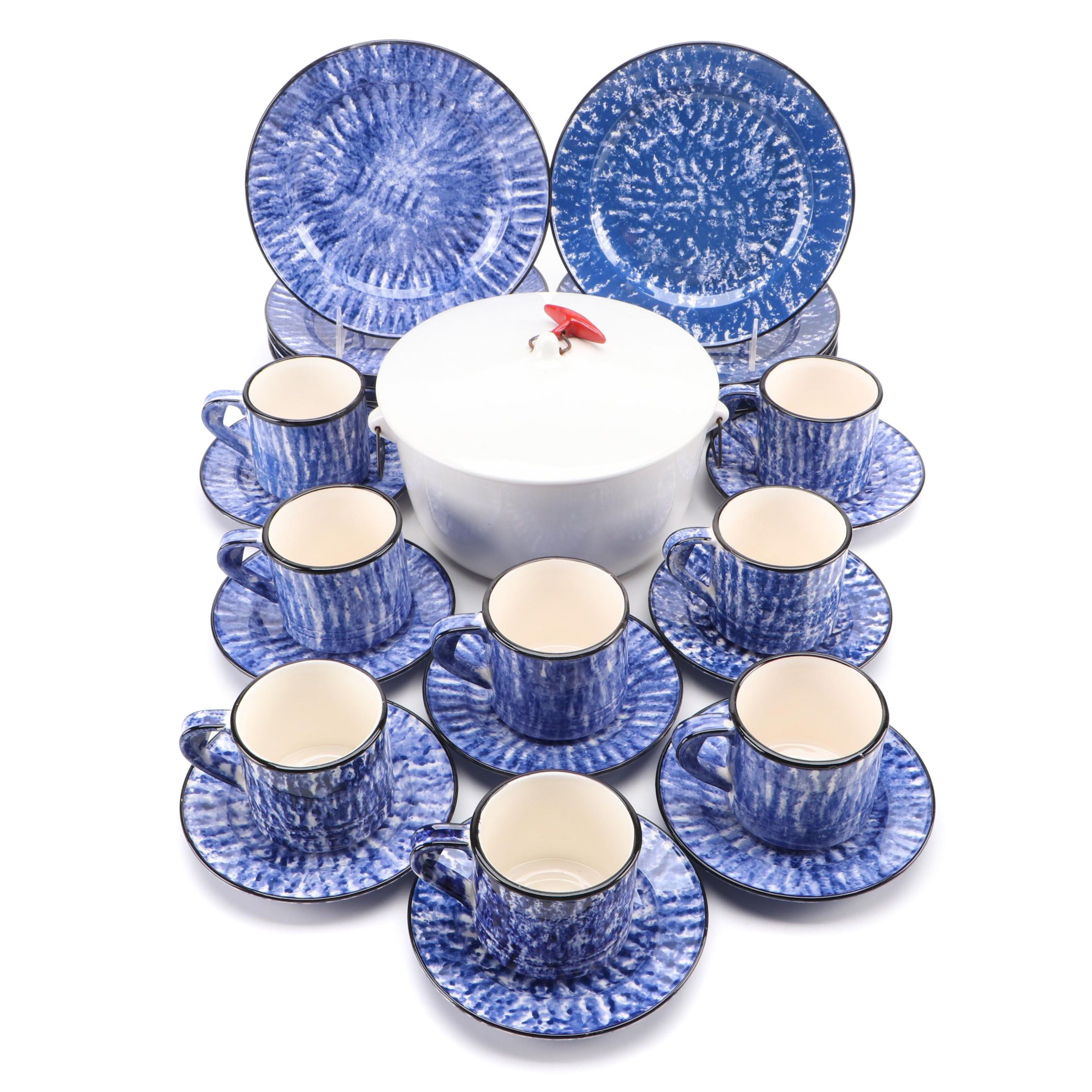 Schmid Blue Spongeware Ceramic Dinnerware and Ironstone Dutch Oven EBTH