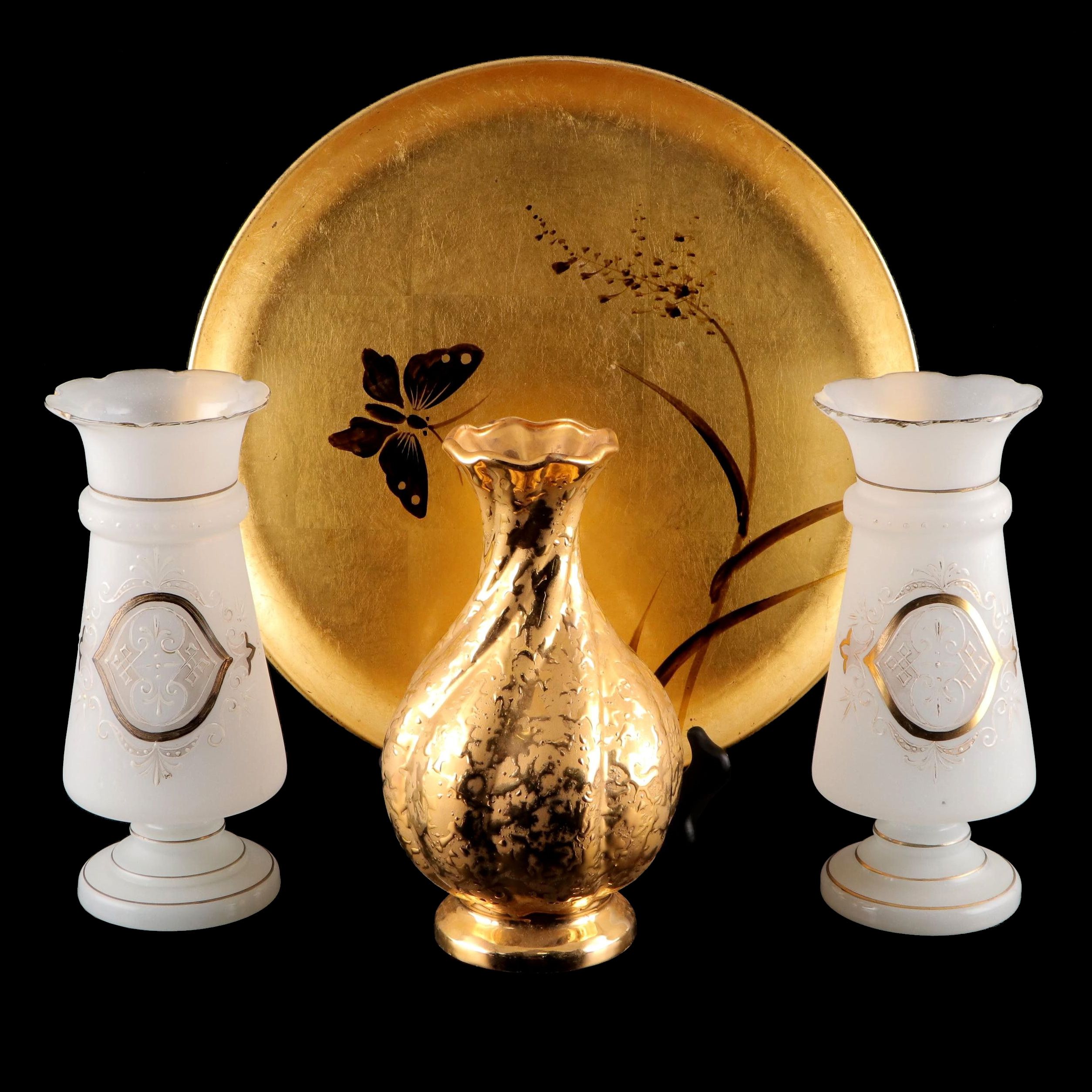 Pair of HandPainted Glass Vases with Dixon 22K Gold Vase and Tray EBTH