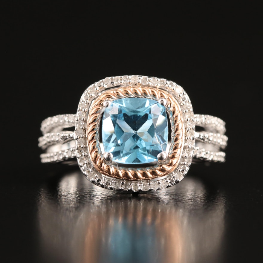 Sterling Sky Blue Topaz and Diamond Ring with 10K Rose Gold Accent