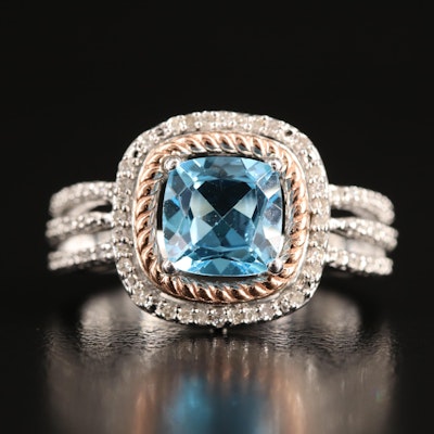 Sterling Sky Blue Topaz and Diamond Ring with 10K Rose Gold Accent