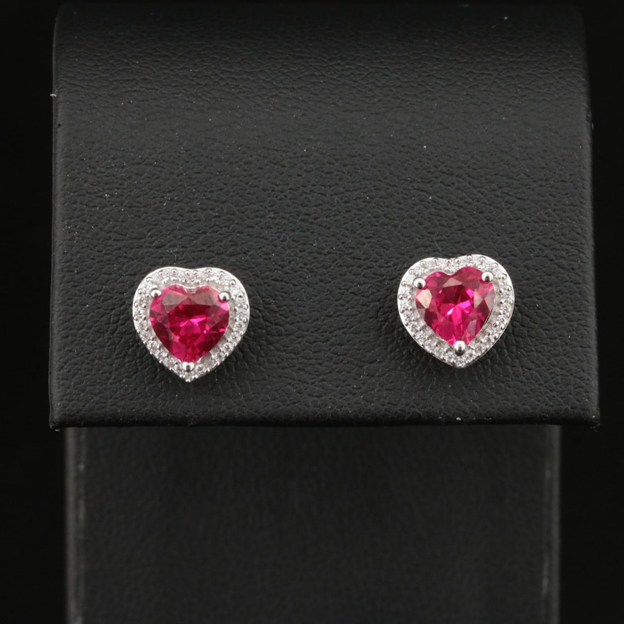 Sterling Ruby and Cubic Zirconia Heart Stud Earrings