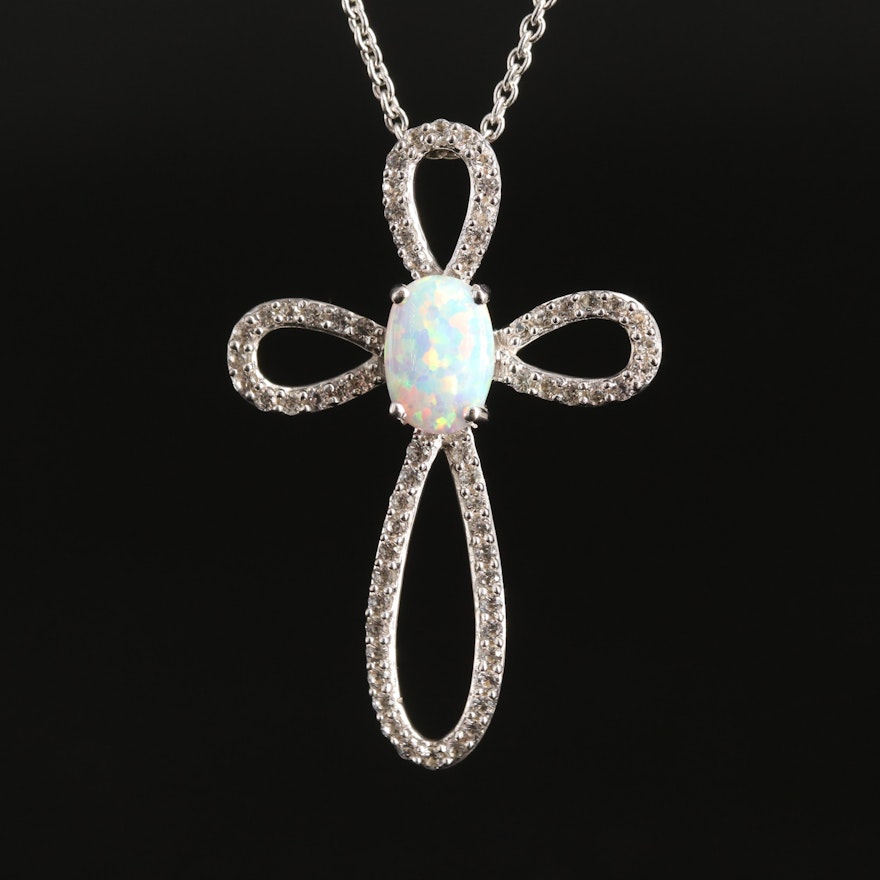 Sterling Opal and Sapphire Cross Necklace