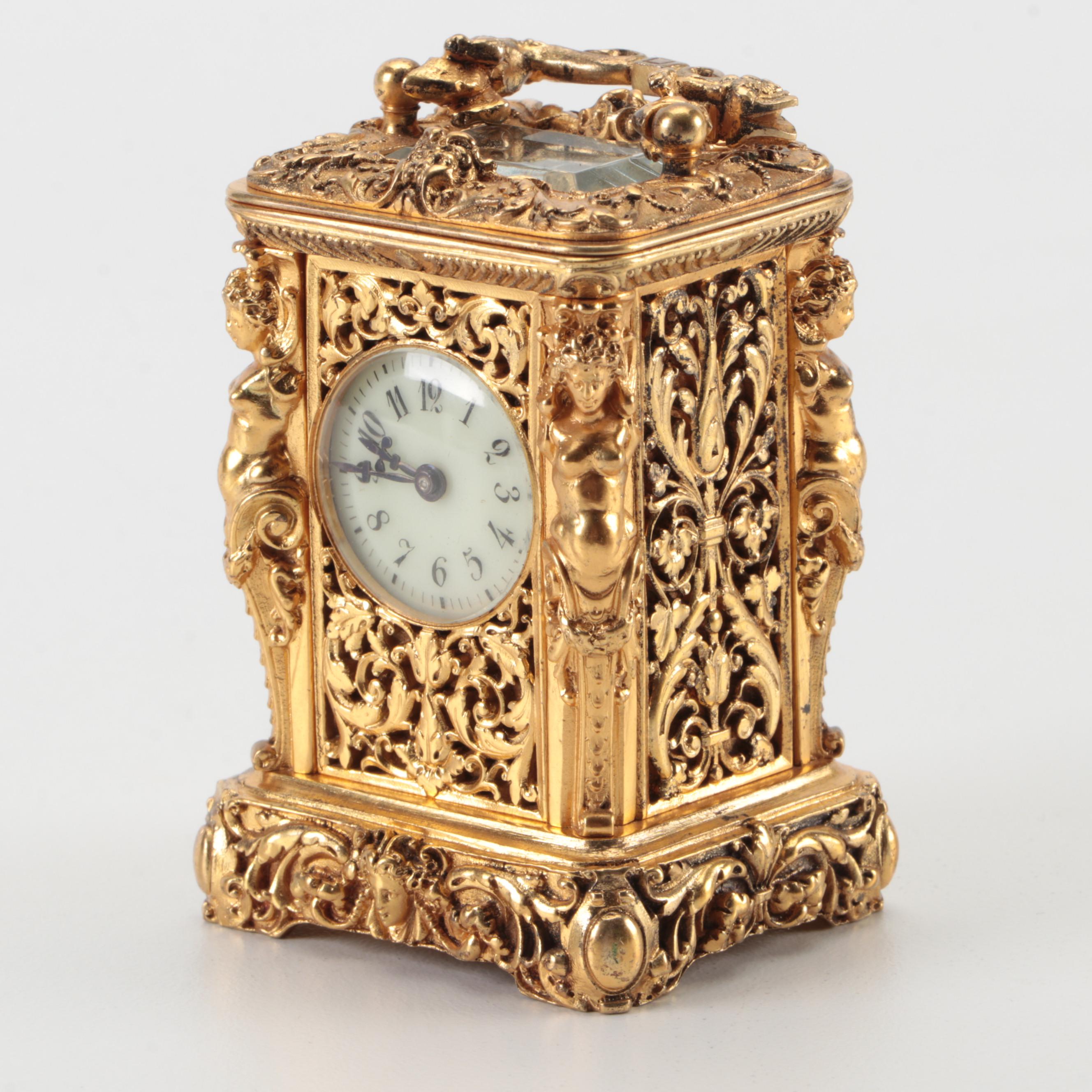 Aiguilles French Baroque Style Gilt Bronze Carriage Clock, 19th Century