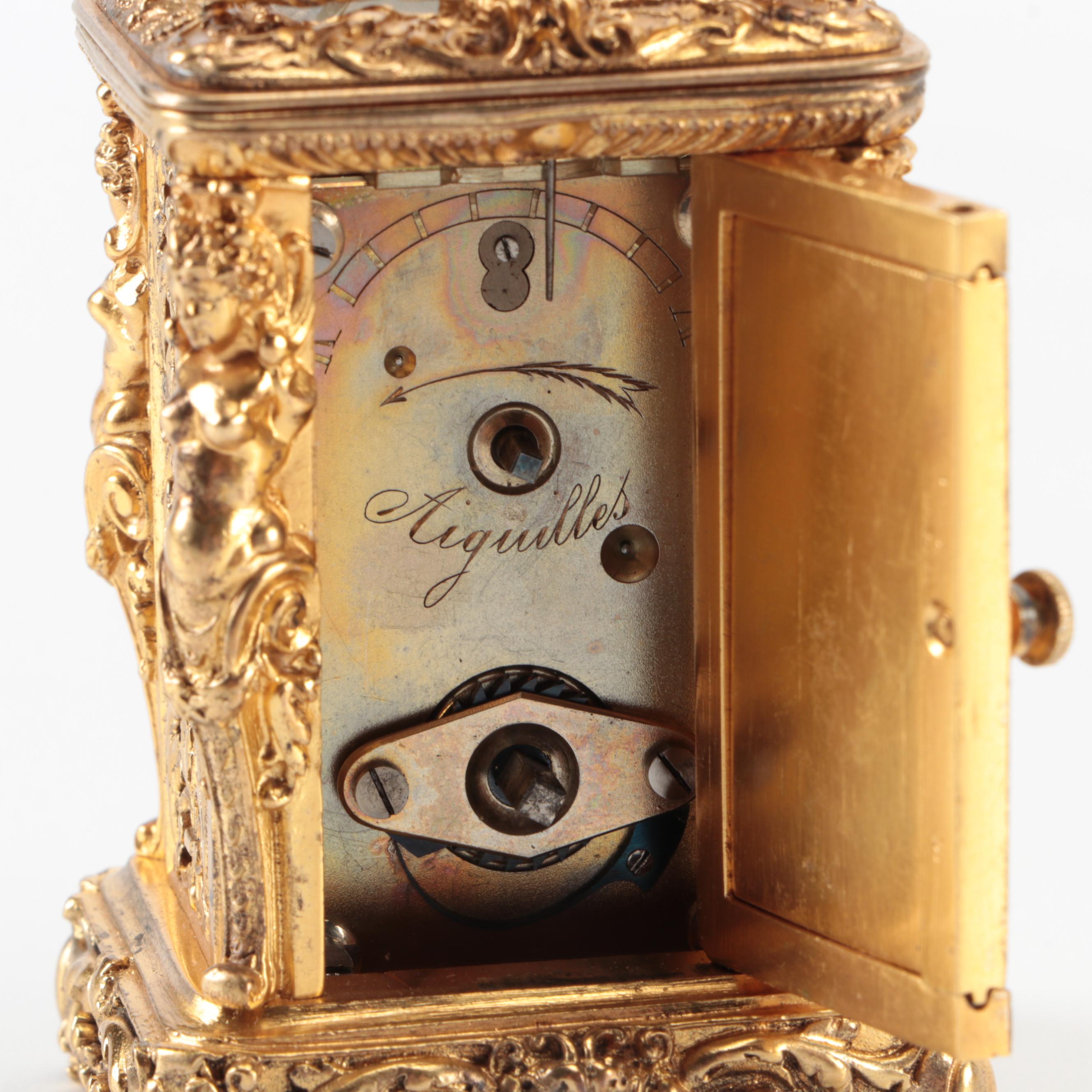 Aiguilles French Baroque Style Gilt Bronze Carriage Clock, 19th Century