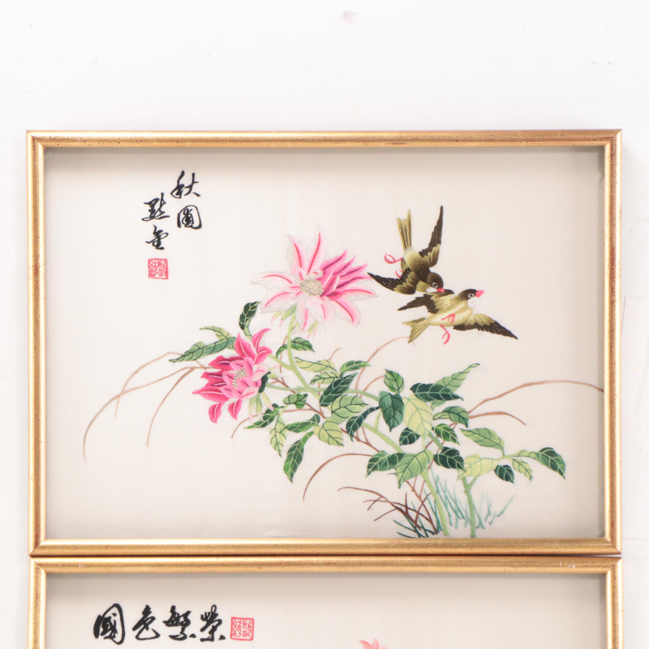 Chinese Embroidered Silk Panels of Birds and Flowers EBTH
