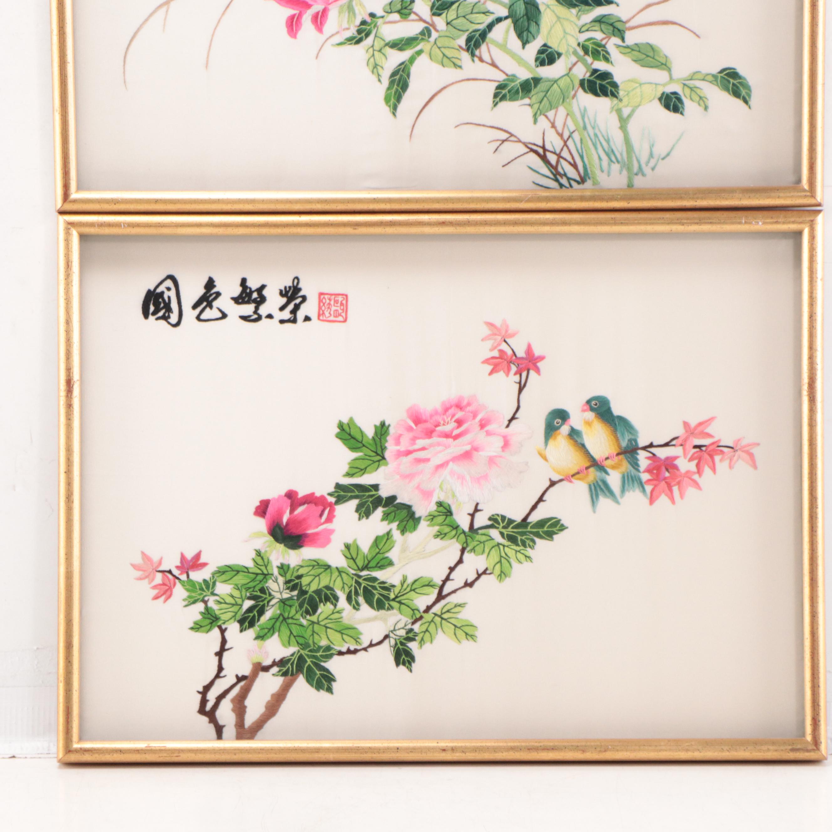 Chinese Embroidered Silk Panels of Birds and Flowers EBTH