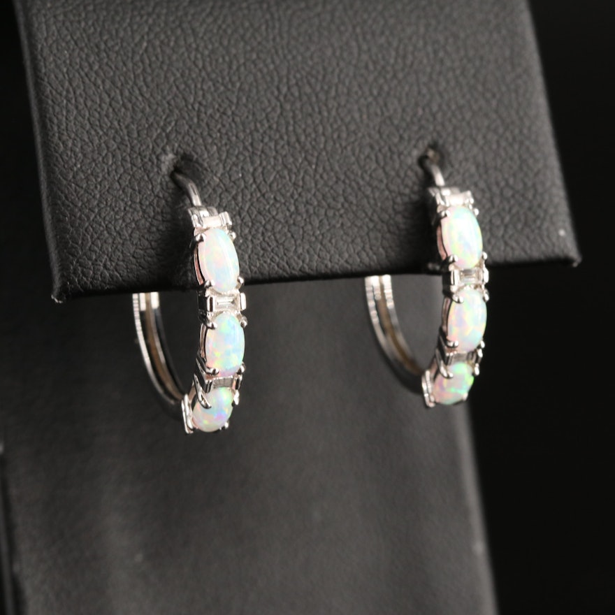 Sterling Opal and Diamond Hoop Earrings