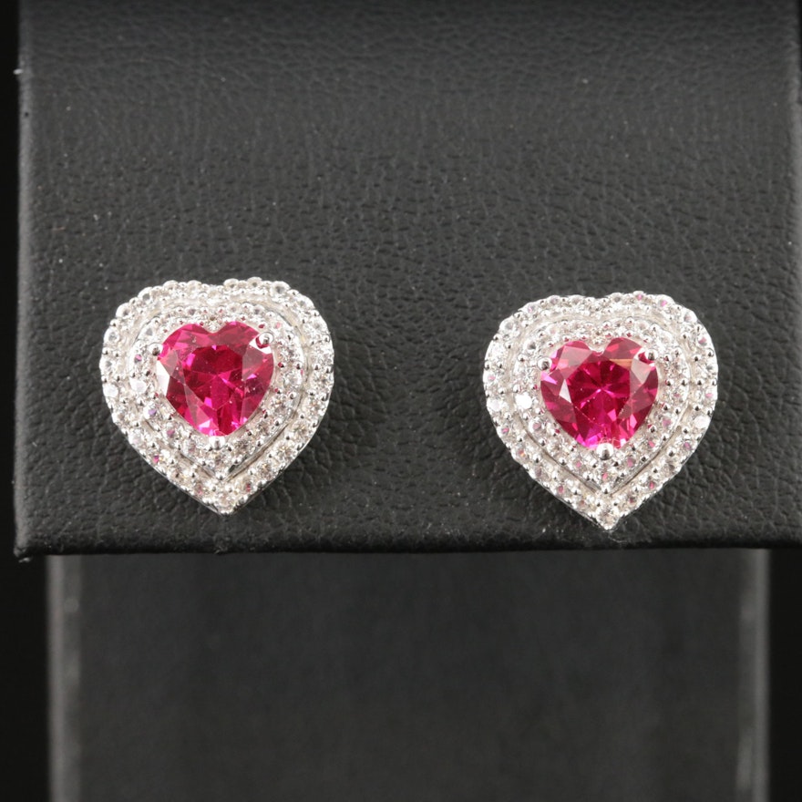 Sterling Ruby and Sapphire Double Halo Heart Earrings