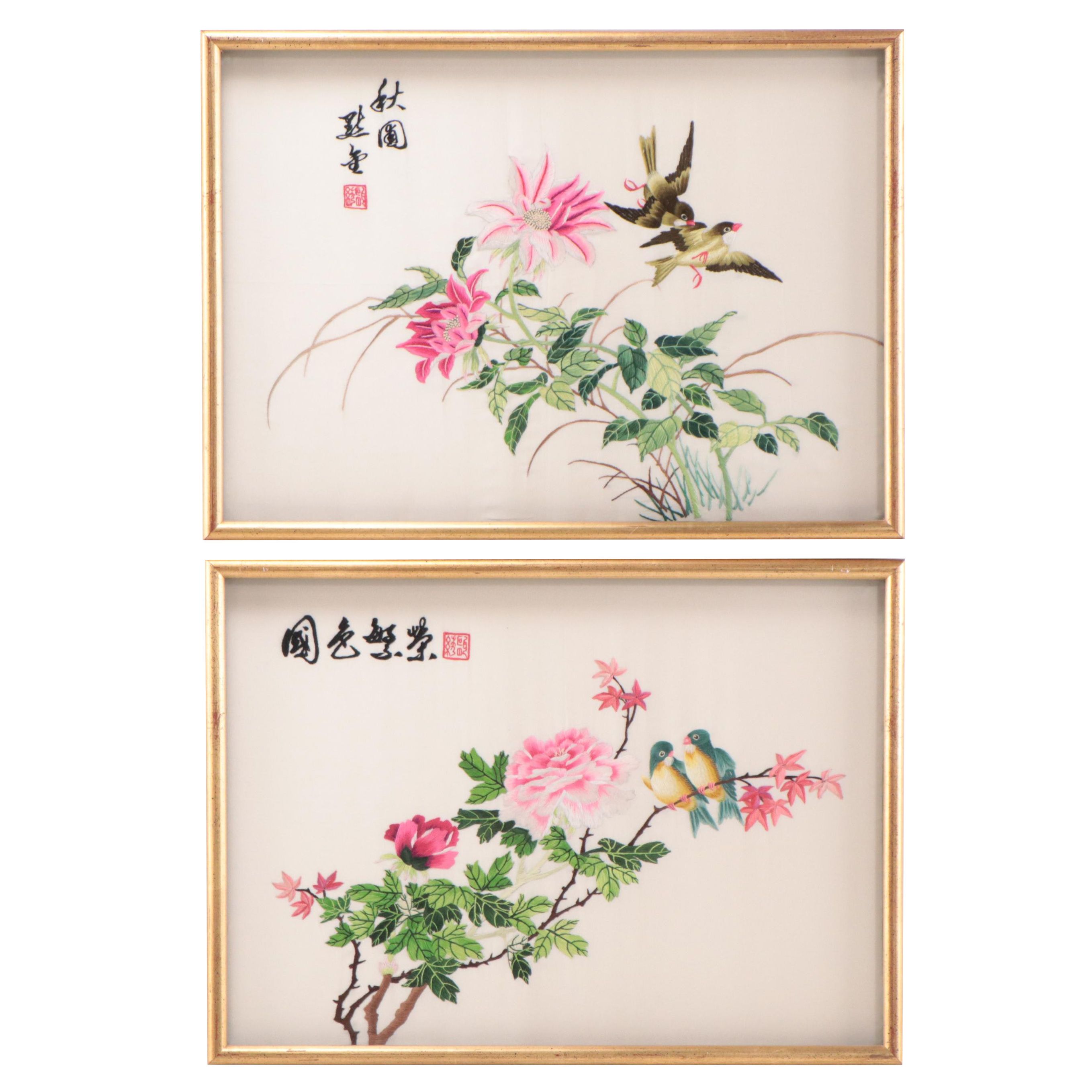 Chinese Embroidered Silk Panels of Birds and Flowers EBTH