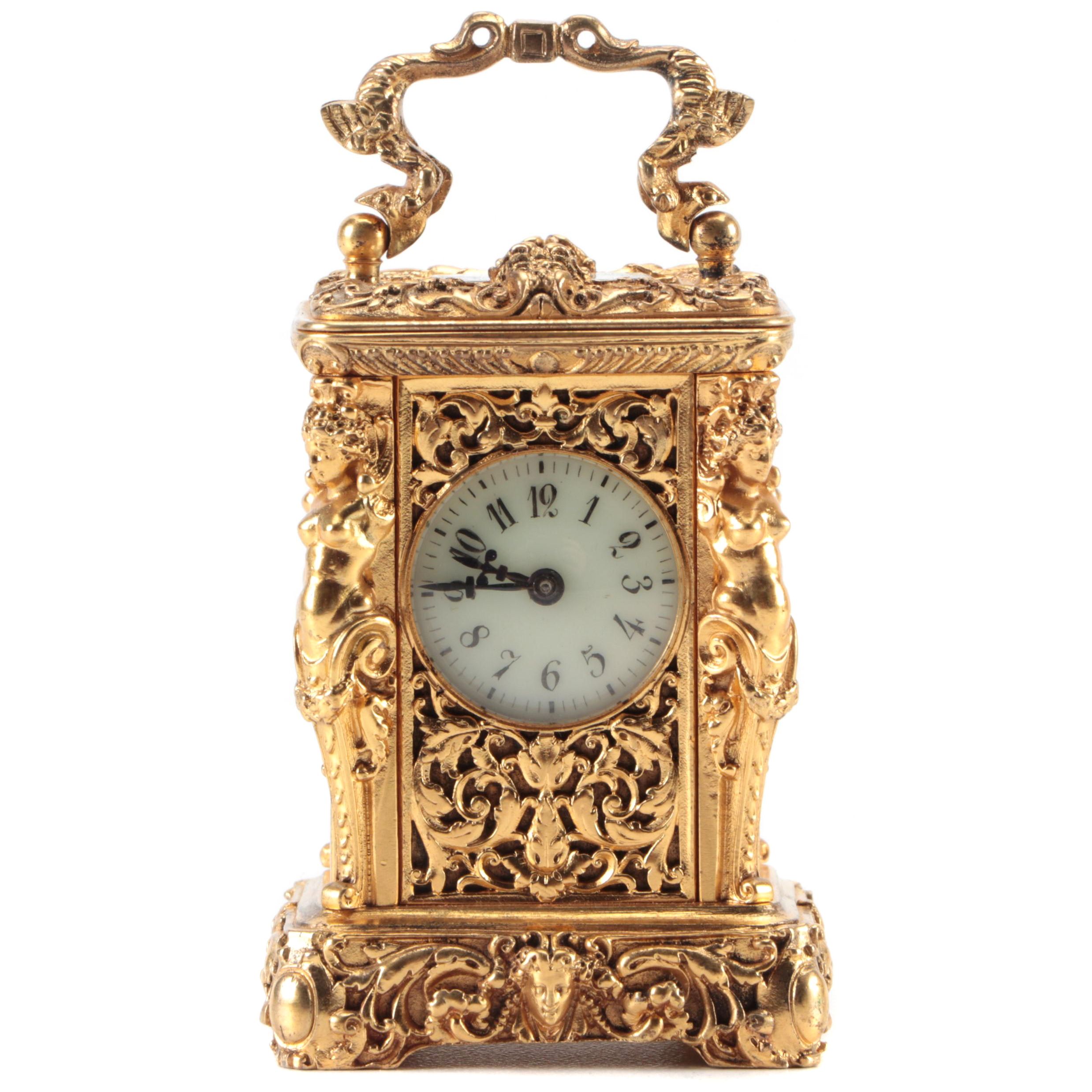 Aiguilles French Baroque Style Gilt Bronze Carriage Clock, 19th Century
