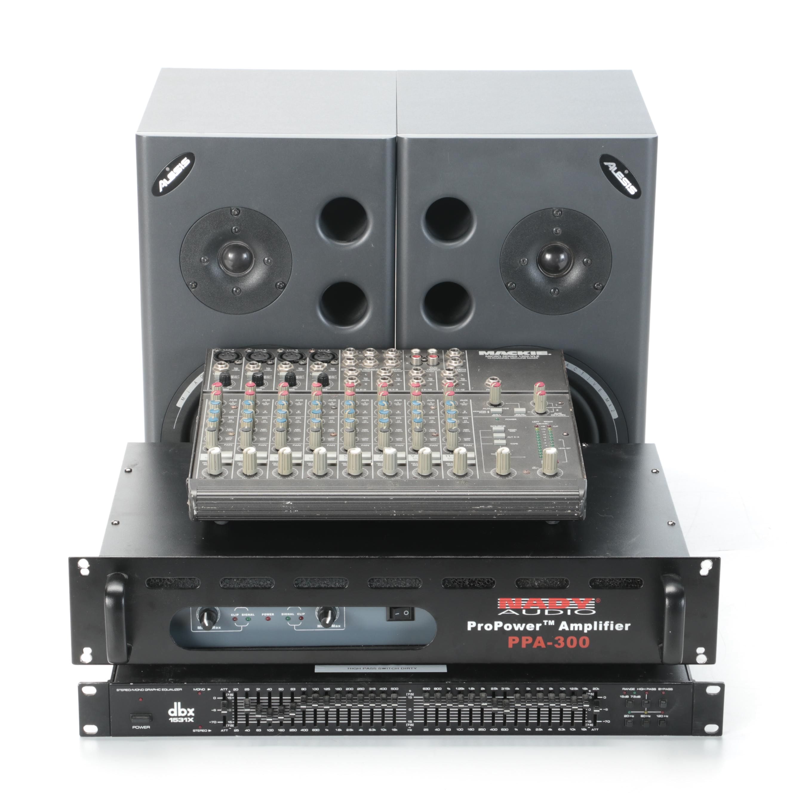 Mackie 12Channel Mixer, DBX Equalizer, Nady Audio ProPower Amp, Alesis