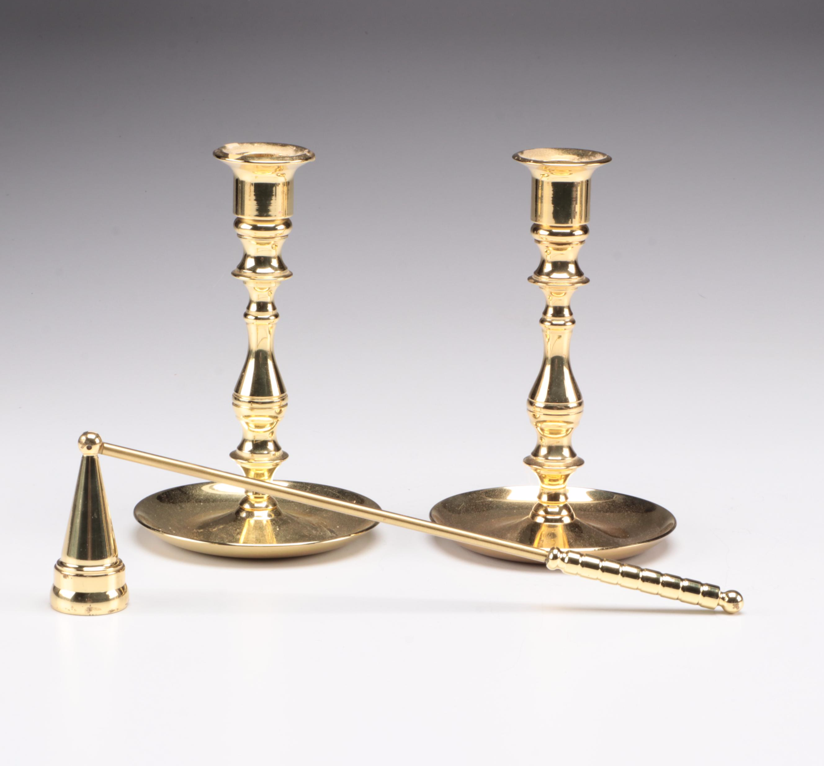 Lacquered Brass Bookends and Candlesticks EBTH