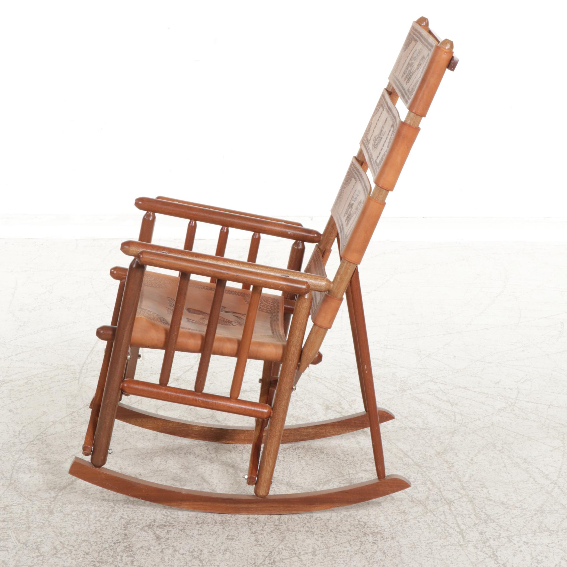 Costa Rica Folding Wood Rocking Chair with Embossed Leather Strap